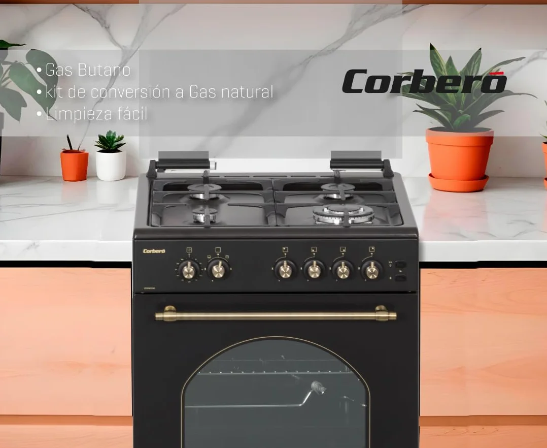 Corberó - Cocina de Gas Butano Excellence 60cm | CCSF6022NR | 4 Fuegos | Horno 55L con puerta triple cristal| Función Ruste pollos | Tapa Fogones Cristal| Wok con Quemado| Negro Rústica