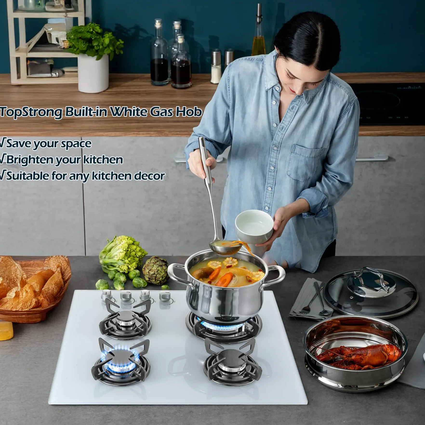 TopStrong - Placa de cocina con 4 fuegos de gas, de cristal, empotrable, color blanco, con protección Flame-Out, gas natural/propano, 8060 W, 220-240 V
