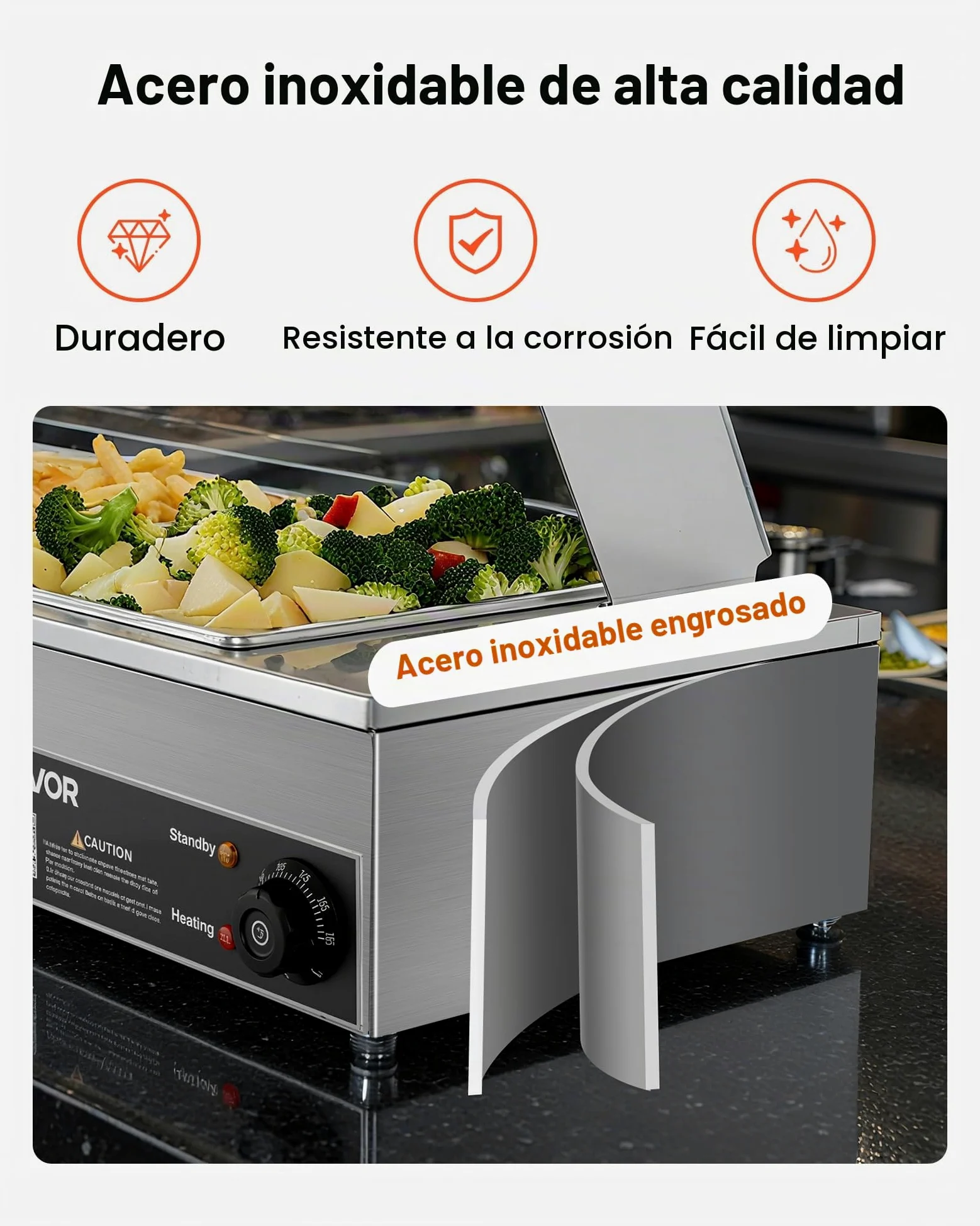 VEVOR Calentador de Alimentos, Tapa de Vidrio y 3 Recipientes,1,5 kW, Acero Inoxidable, Baño María, Estación de Calentamiento de Alimentos para Restaurantes, Fiestas y Buffets, 920 x 365 x 335 mm
