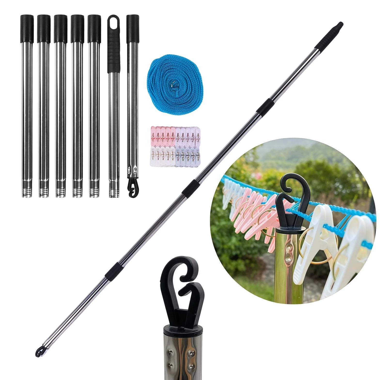 Soporte para Tendedero Telescópico para Exteriores, Poste de Alcance para Percha de Armario Ajustable de Acero Inoxidable de 75 a 250 Cm, Poste de Soporte para Tendedero