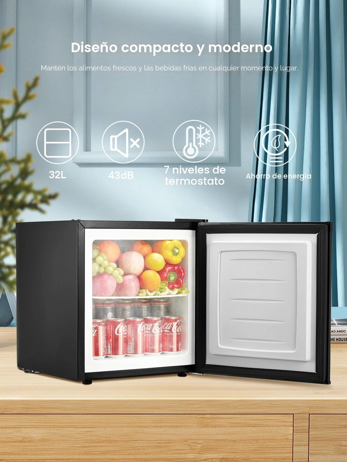FOHERE Mini Congelador 32L, Congelador Pequeño con Estante de Vidrio, Puerta Reversible, 7 Niveles de Ajuste de Temperatura, Negro