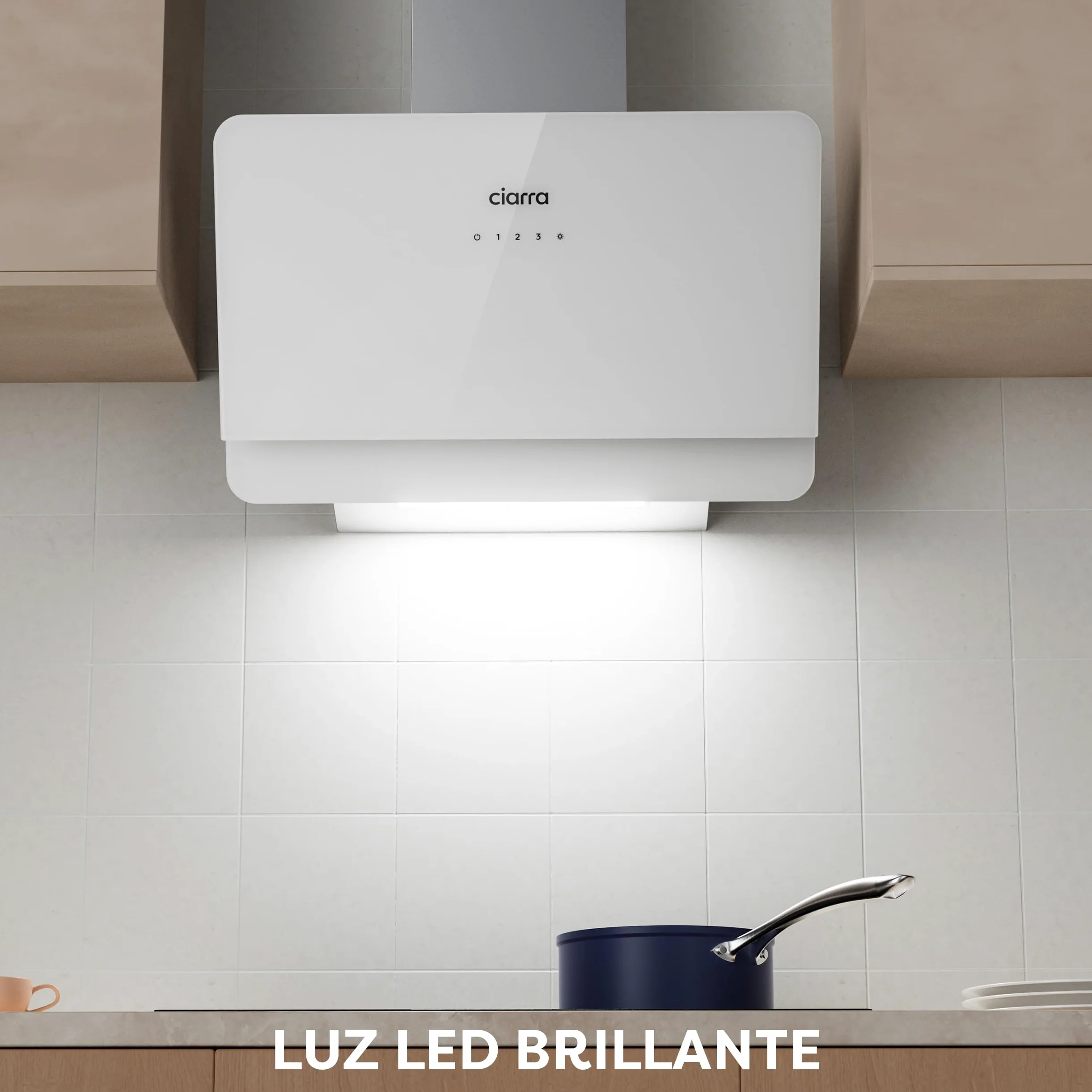 Ciarra CBCS6765C Clase A+ Campana Extractora 60 cm 580 m³/h Blanco | 3 Velocidades - Modo Reciclaje o Evacuación - Filtro de Carbón CBCF055 Incluido - Control Táctil - Panel de Cristal