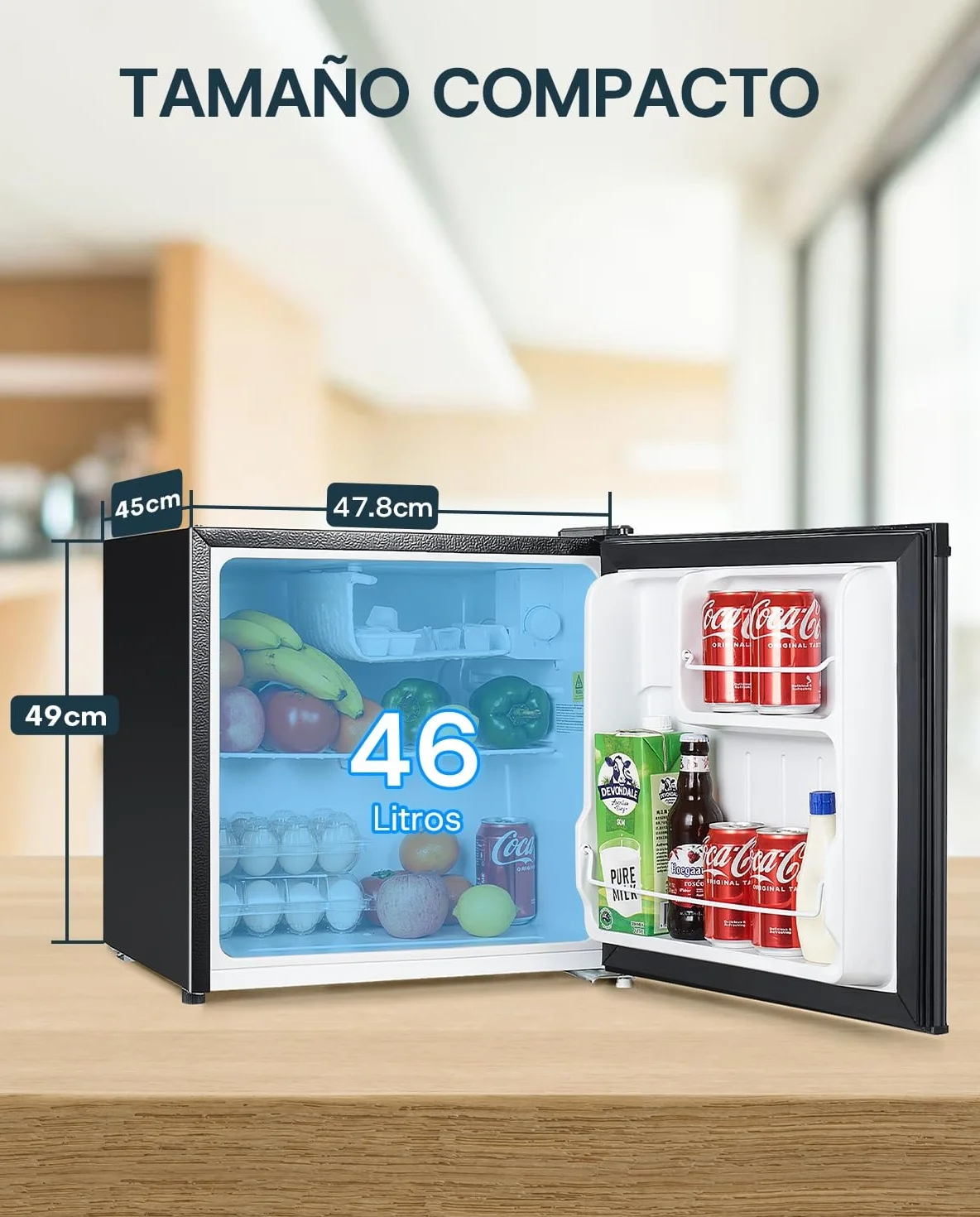 Upstreman 46L Mini Nevera con Congelador, 1℃-8℃ Termostato Ajustable, Ahorro de Energía, Silencioso, Minibar para Dormitorio, Oficina, Hotel, FR17- negro brillante
