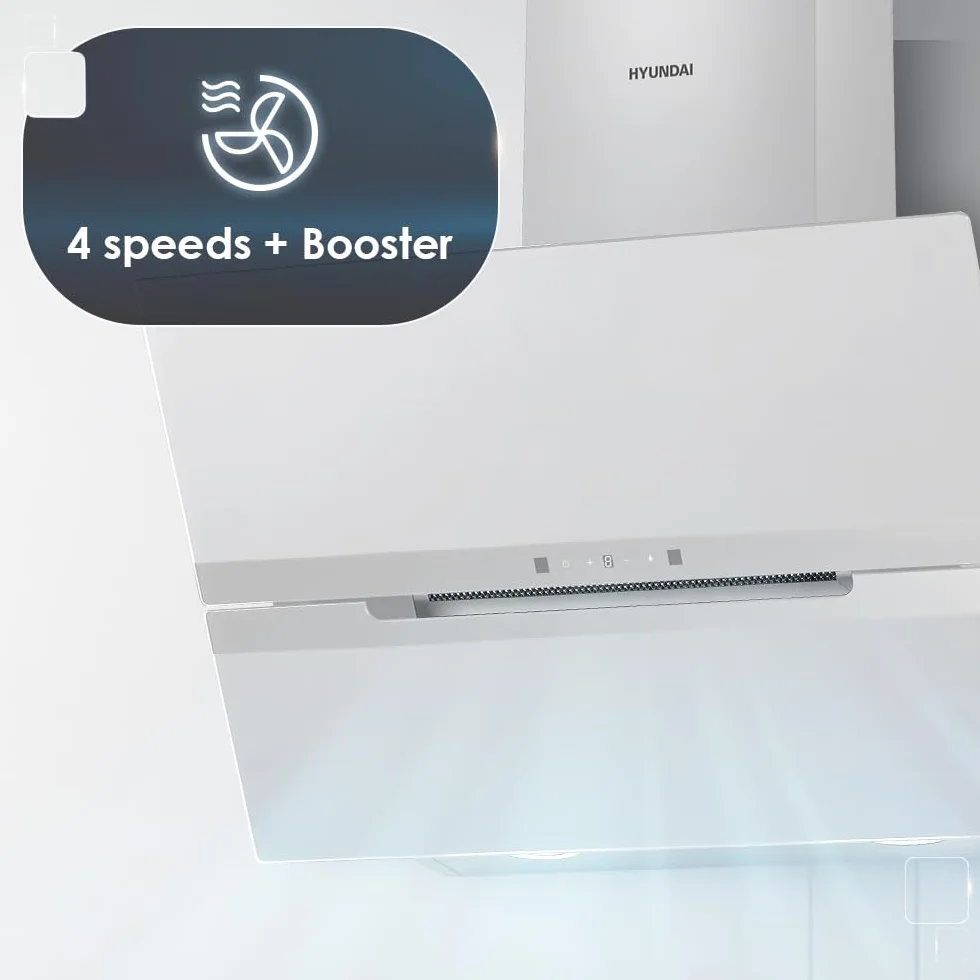 Hyundai Campana Extractora Inclinada 60cm, Cristal blanco, HCDE60DCW00. Potencia 831m3/h, 3 Velocidades, 2 Filtros, 64 dB Nivel Sonoro, Control Táctil, Filtros aptos para Lavavajillas