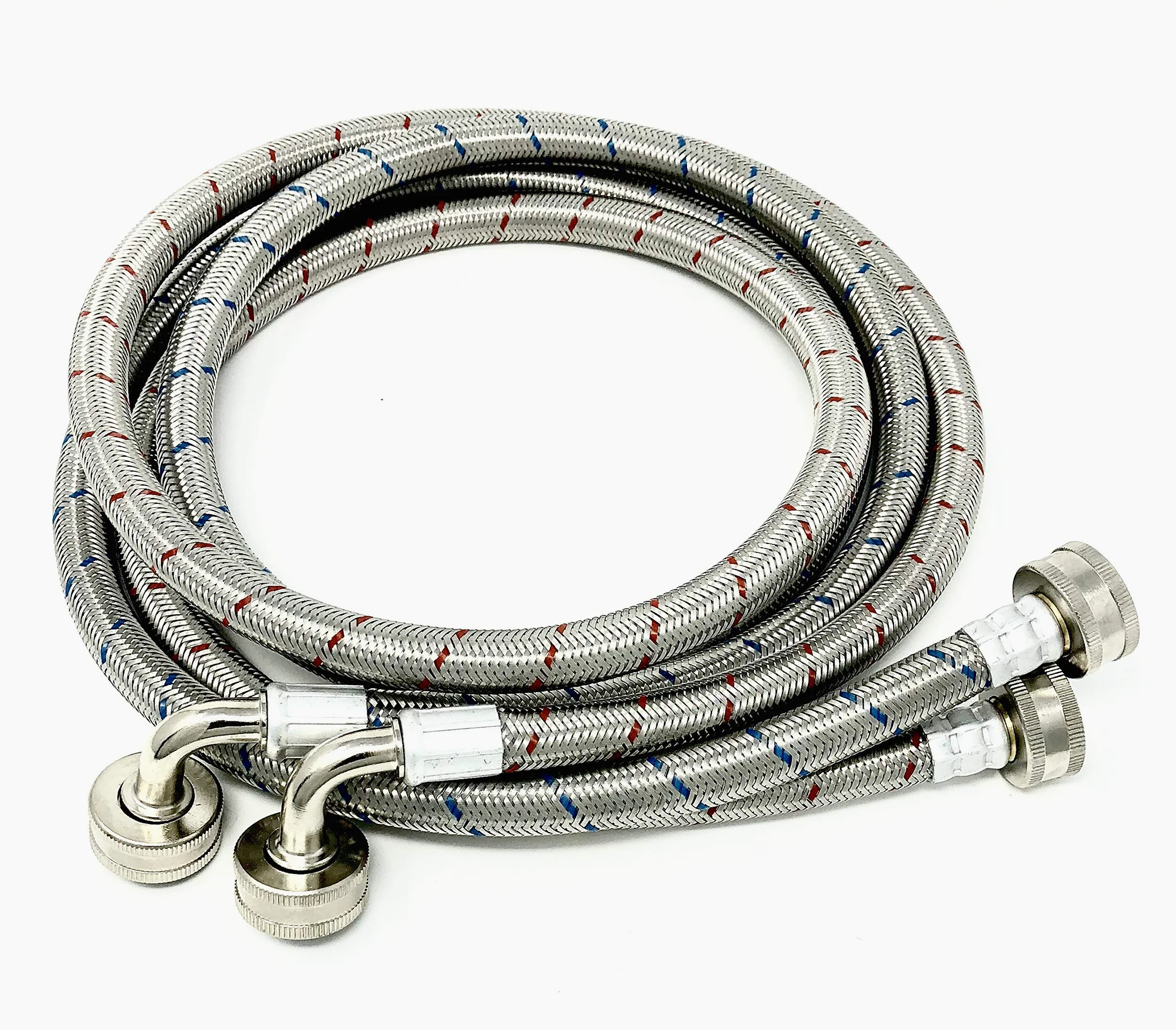 Mangueras de acero inoxidable para lavadora, 2 unidades, a prueba de fugas, de 8 pies, con líneas de entrada de agua forradas en rojo y azul, conexión universal de codo de 90 grados
