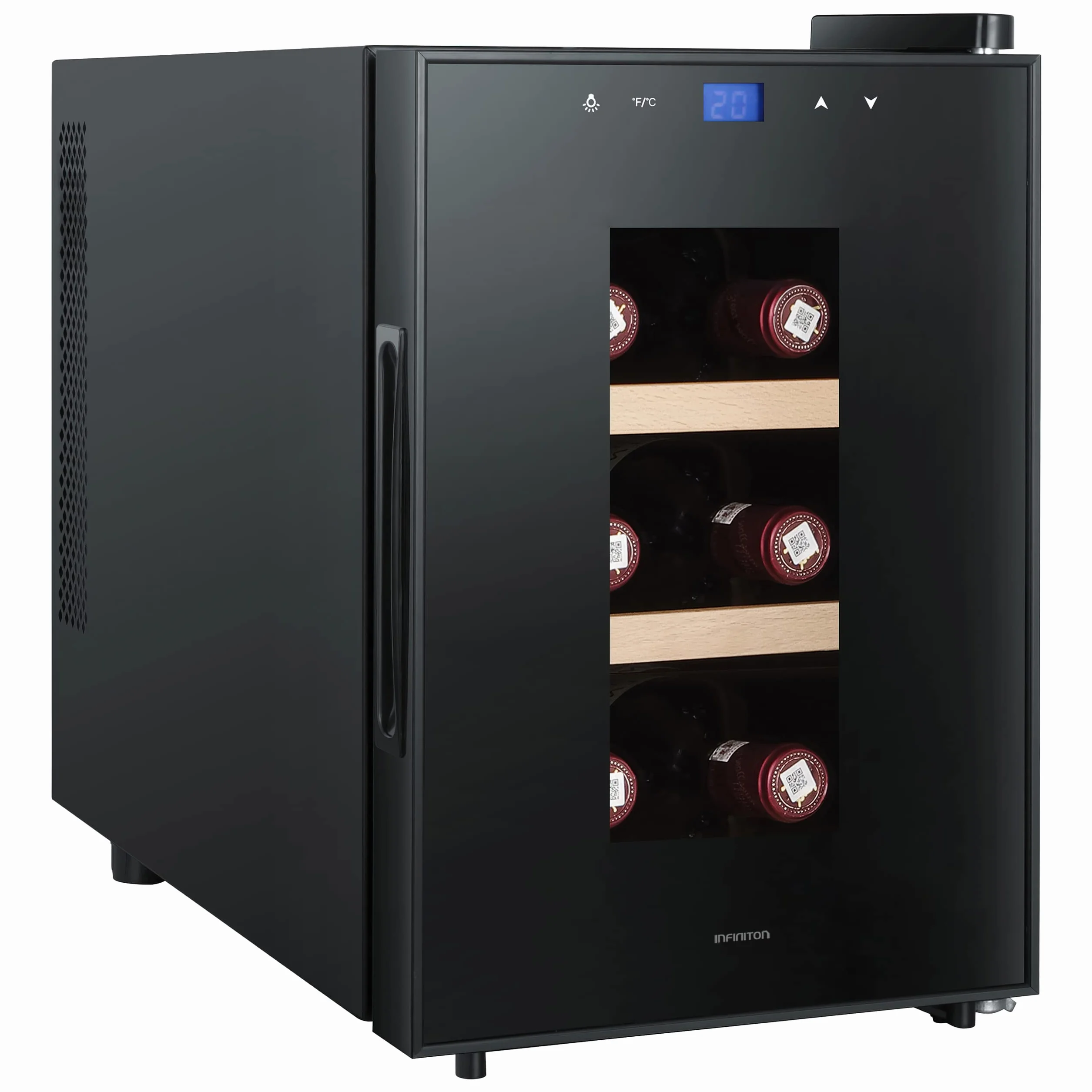 INFINITON WCL-A6BN – Vinoteca, Negra, 20 litros, capacidad 6 botellas, Estantes de madera, Display LED, Control táctil, luz LED interior, Baja emisión de ruido