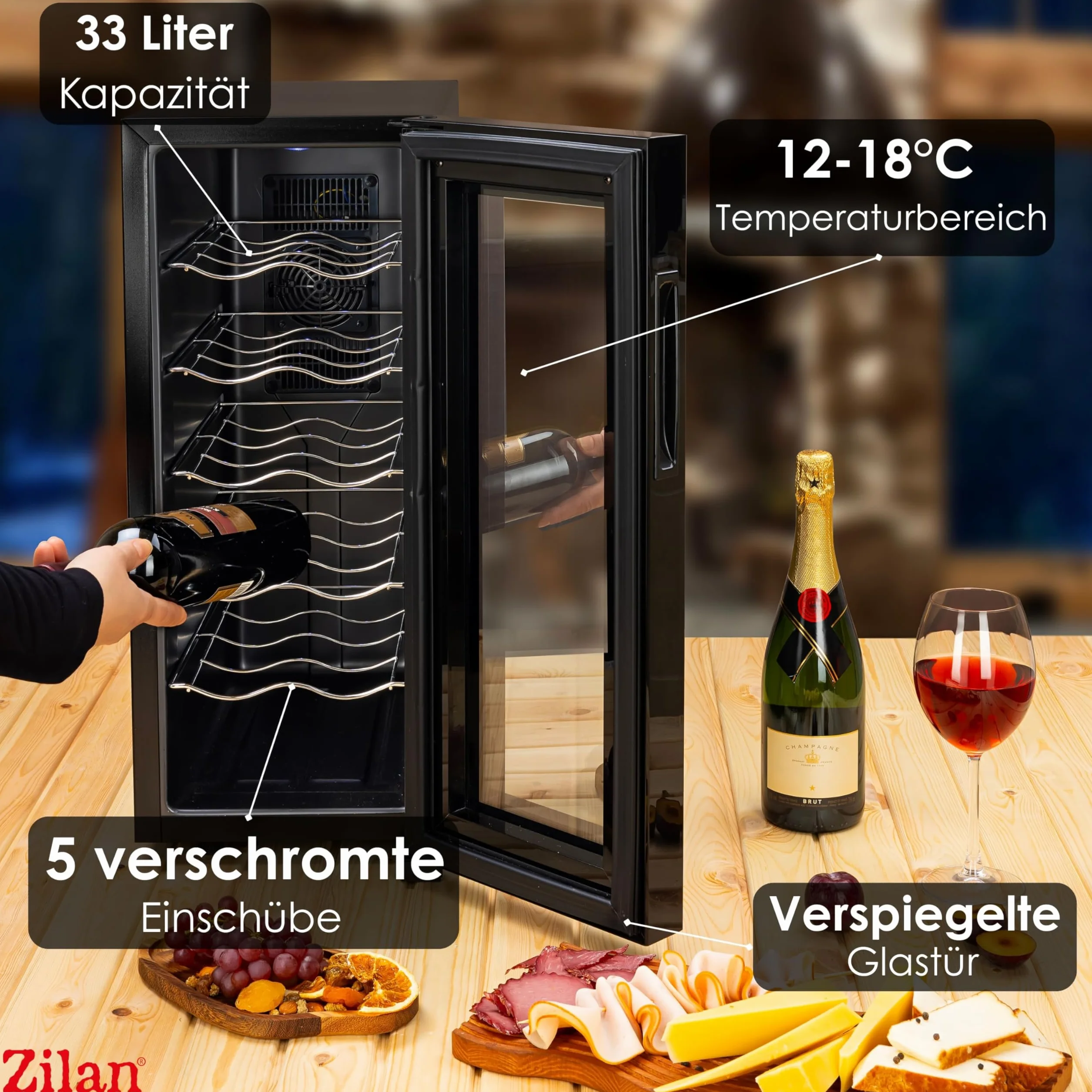 Zilan Refrigerador para vino, independiente, silencioso, 12 botellas, 33 litros, luces LED, enfriador de vino, armario pequeño con clima de vino, mini nevera, minibar con puerta de cristal