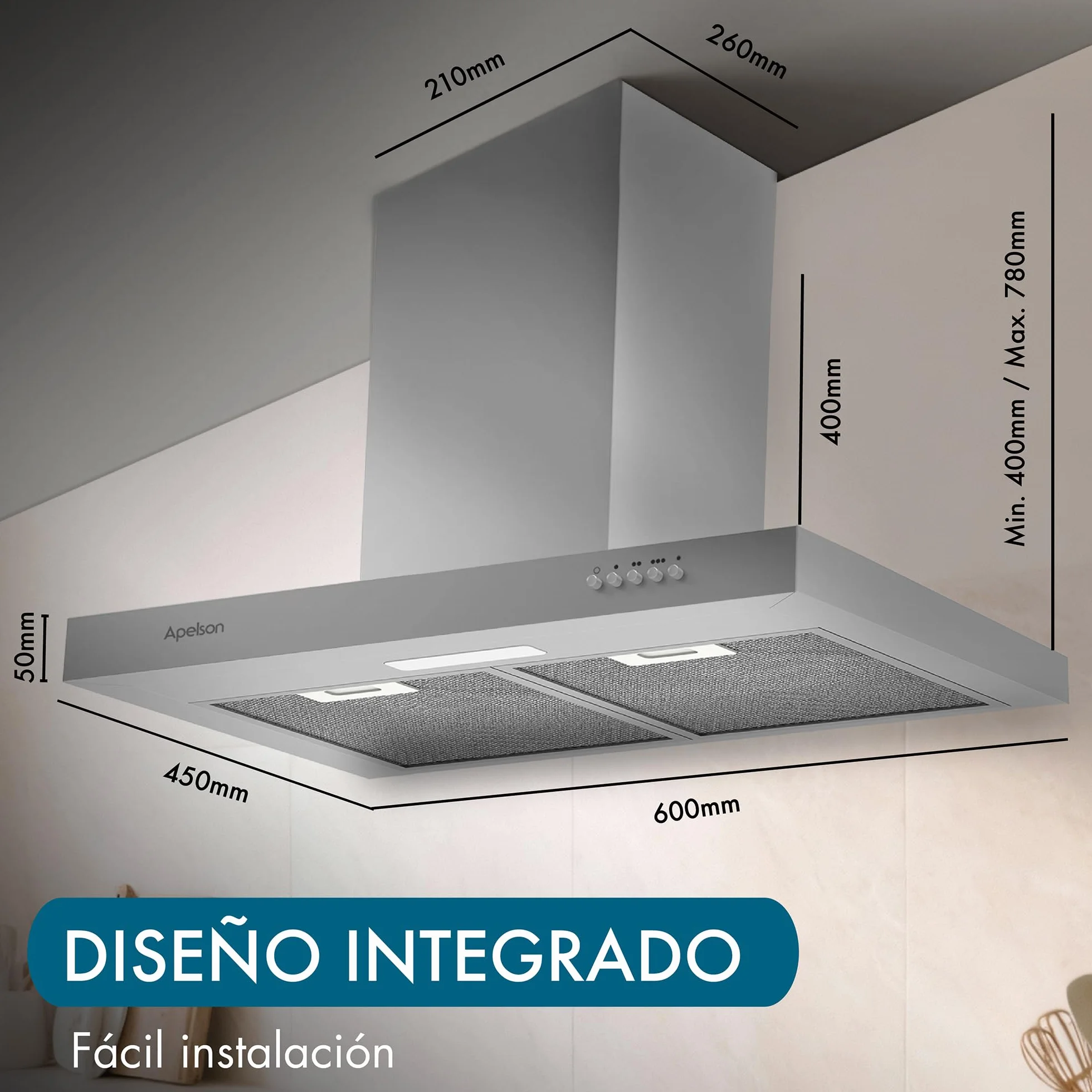Apelson Campana extractora Cocina TALIA 601 X/A, 3 Niveles, Control Mecánico, Capacidad 301 m3/h, Silenciosa 60 dB, LED, Filtros Lavables, Consumo 67W Acero Inox