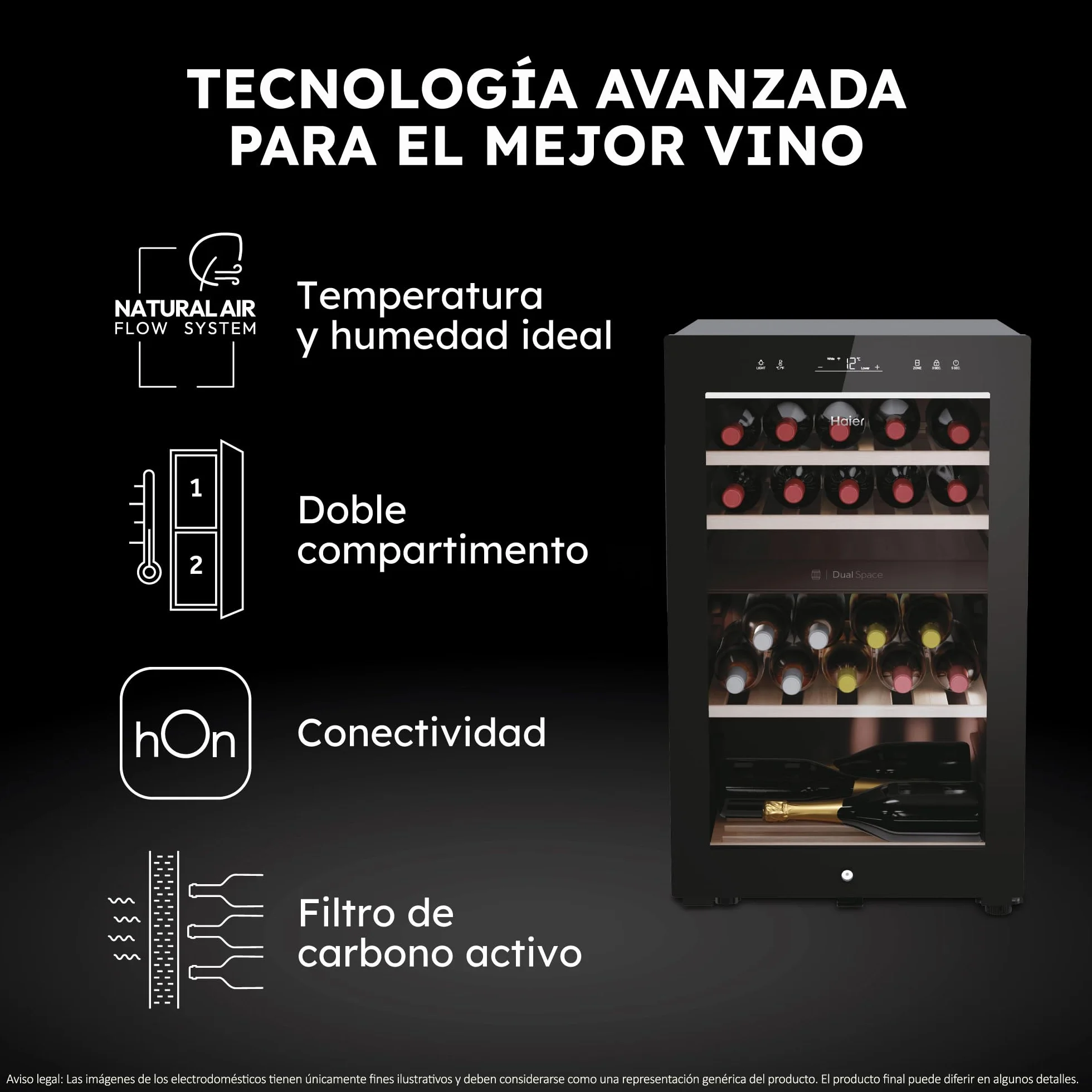 Haier Wine Bank 50 Series 7 HWS42GDAU1- Vinoteca de 42 botellas, Estantes de madera, Filtro Anti-UV, Filtro de carbón, Refrigeración por Compresor, Display Digital, Iluminación LED, Silenciosa 37 dbA
