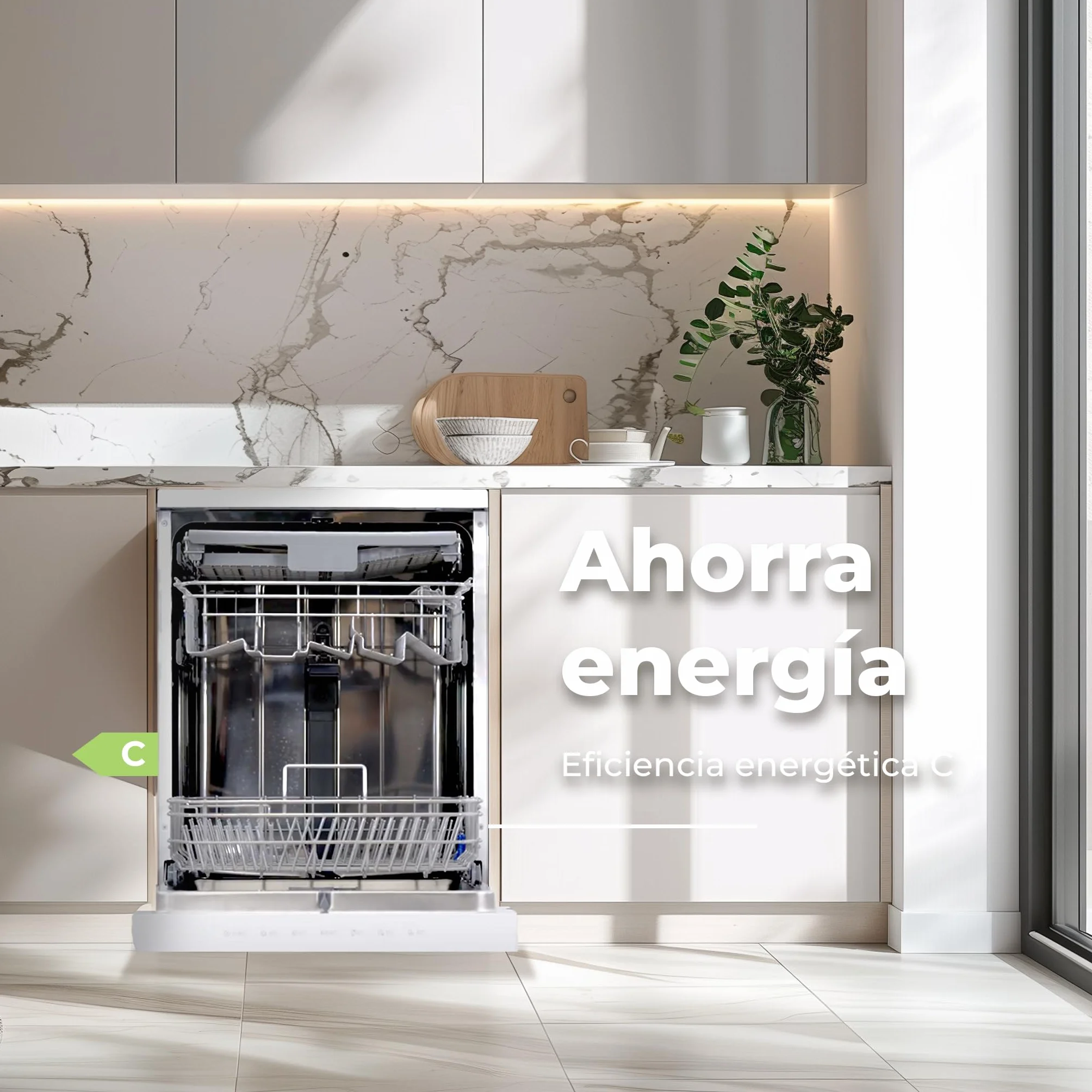 EVVO Lavavajillas 60 cm 14 Cubiertos Tercera Bandeja Eficiencia C 8 Programas Lavado Rápido 30 min Apertura Automática Inox