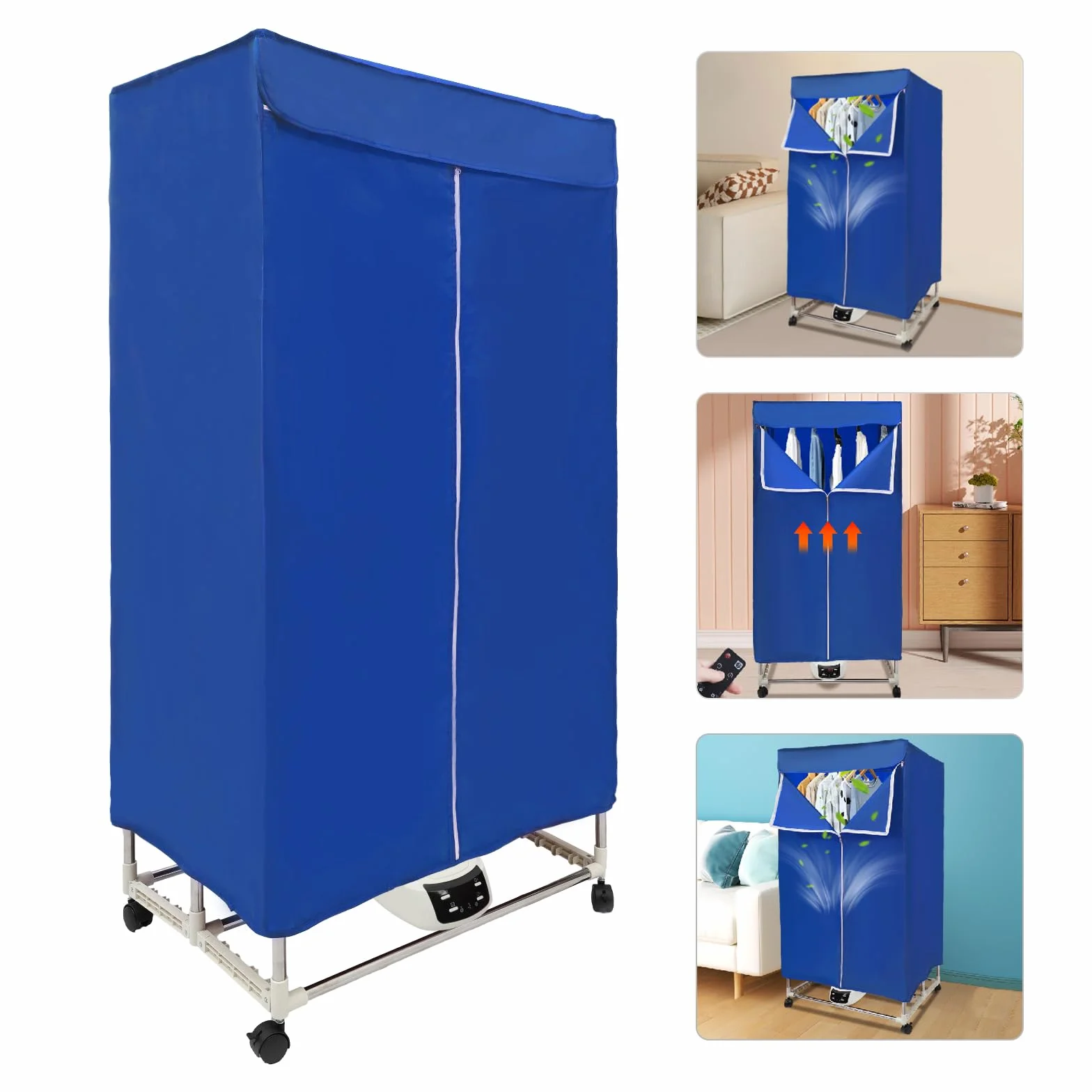 Secadora de ropa, secadora eléctrica con temporizador, 1500 W, secadora multifuncional con mando a distancia y cubierta exterior, plegable, secador de bomba de calor (azul)