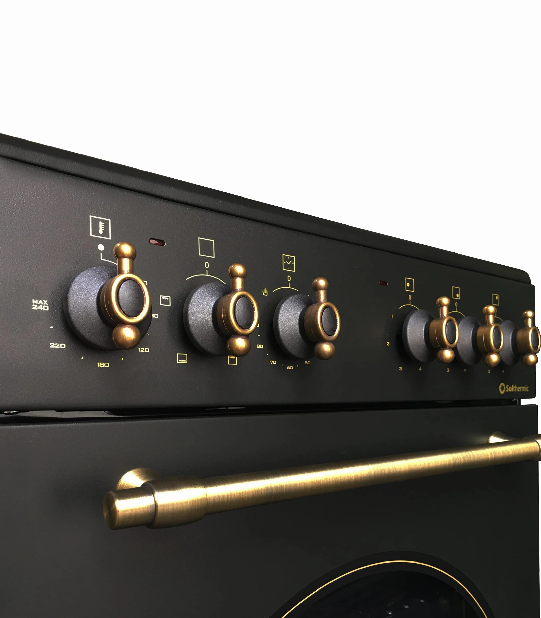 COCINA VITROCERÁMICA VTC50NEGRA CON HORNO ELECTRICO SOLTHERMIC NEGRA RÚSTICA ACABADOS DORADOS/50 CM ancho, 3 FUEGOS/HORNO ELECTRICO