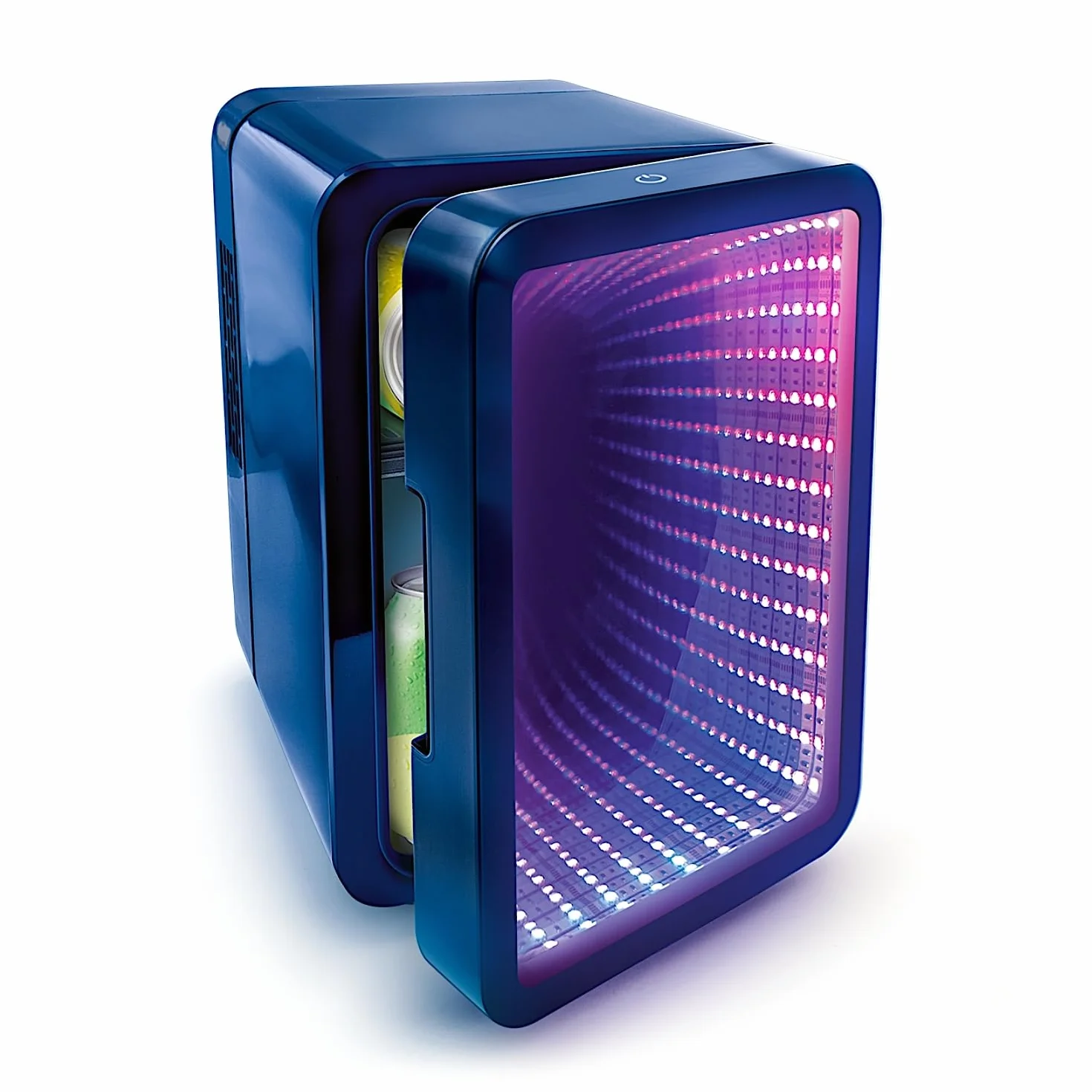 So Chill - Mini nevera con efecto LED infinito, jugadores, estudiantes, viajes en casa/coche, Hangouts + más, alimentado por USB, calcomanías incluidas, 6 latas regulares, puerta con efecto espejo