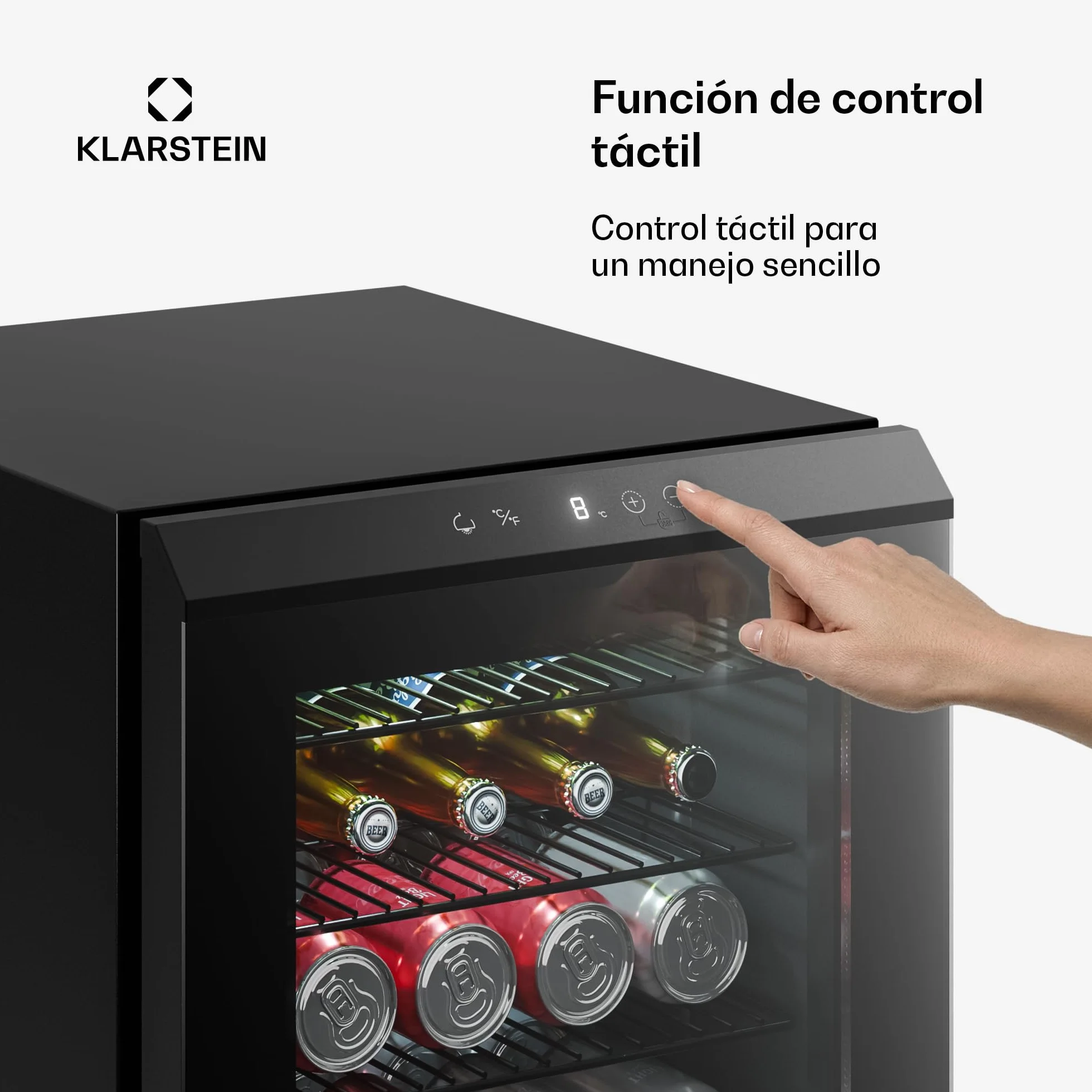 KLARSTEIN Nevera para bebidas Bevora 62 L – Nevera para bebidas con puerta de cristal, control táctil, iluminación LED, temperatura ajustable de 1 a 12 °C, 2 estantes