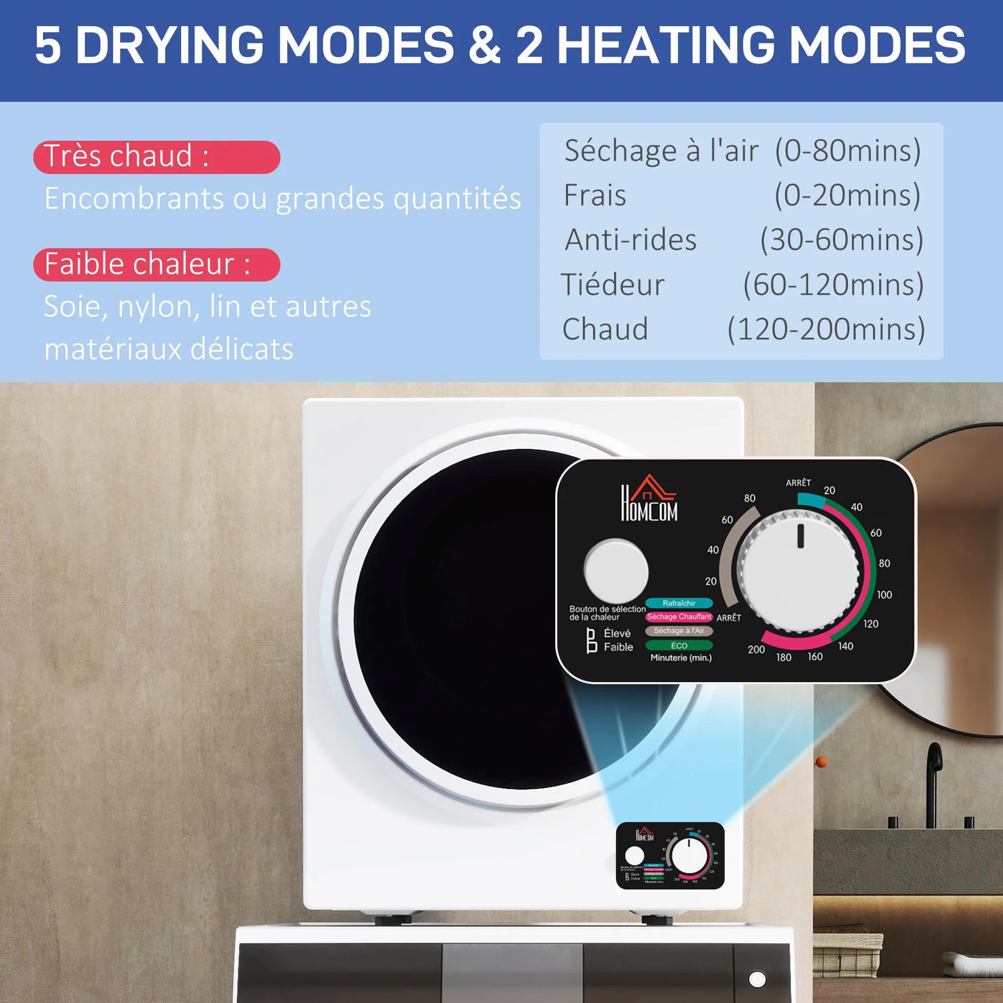 HOMCOM Secadora portátil con tubo de evacuación, secadora eléctrica 850 W, 4 Kg, 4 modos de secado, 2 niveles de calentamiento, tambor de acero inoxidable, instalación en pared, para apartamento