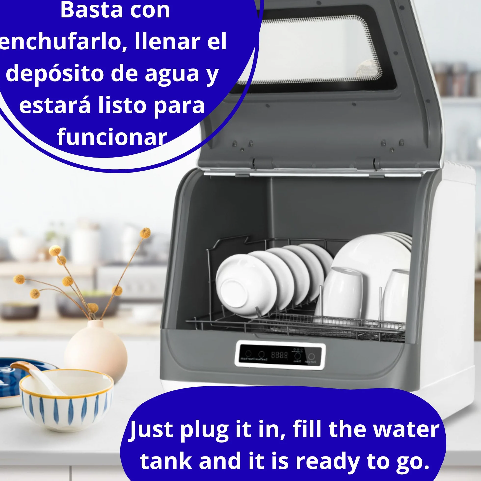 Mini lavavajillas sin instalación para 4 sets de vajilla. Lavavajillas pequeño con 5 programas de funcionamiento (lavado, secado y desinfección). Lavavajillas portátil sin instalación (Modelo B)