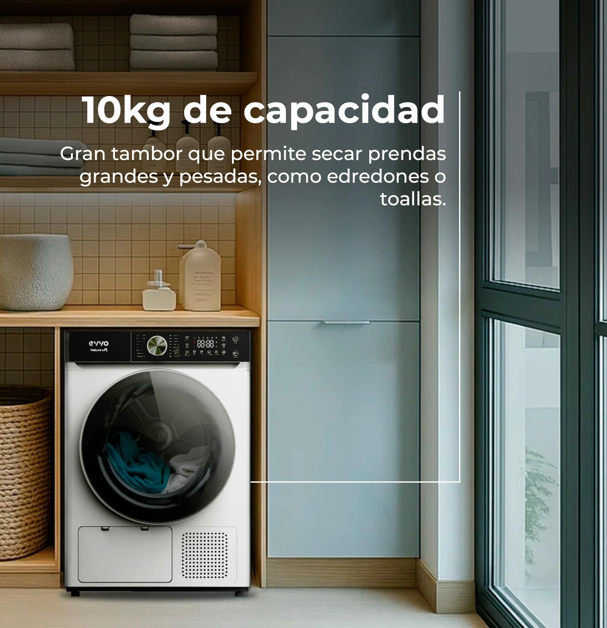 EVVO Secadora Bomba de Calor NATURE SR - Capacidad 10 Kg, Bomba Calor, Efic. Energética E, Secadora Condensación, Sensor Humedad, Antiarrugas, Inicio Diferido, 16 Programas, Bajo Consumo (Blanca)