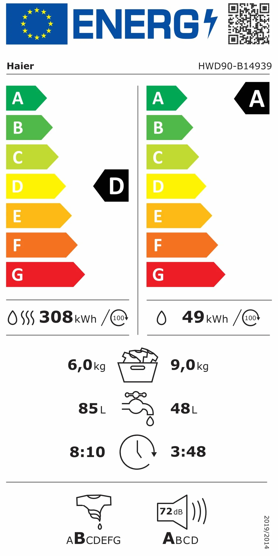 Haier I-Pro Series 3 HWD90-B14939-IB - Lavadora Secadora, Capacidad 9 kg + 6 kg, Motor Direct Motion, ABT, Refresh, Fin Diferido, Detector Kg, Libre Instalación, 60CM Ancho, 1400 RPM, Blanco