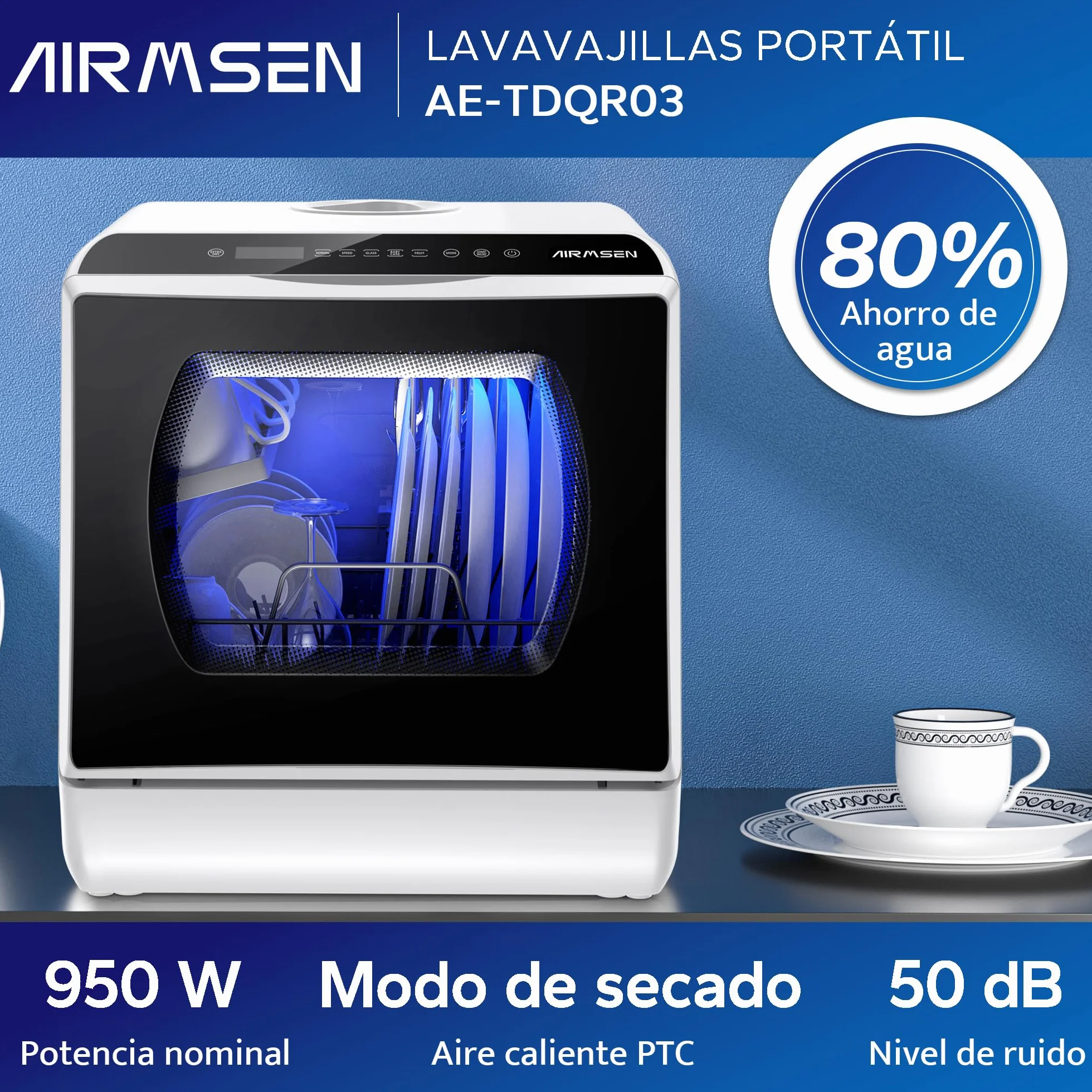 AIRMSEN Mini Lavavajillas de Sobremesa con 5+1 Programas, Depósito de 5 Litros, 2 Formas de Suministro de Agua, Control Táctil y Pantalla LED, Ideal para Cocinas Familiares, Apartamentos y Dormitorios