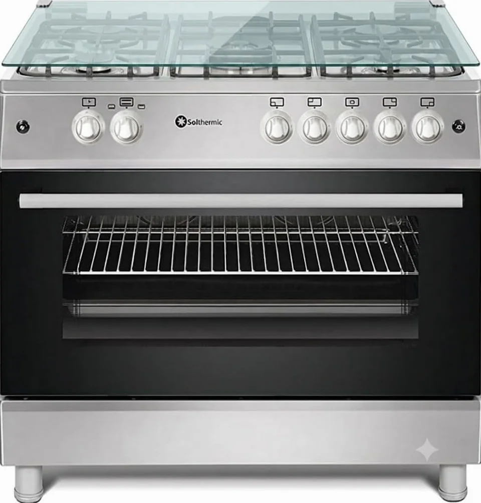 SOLTHERMIC F9L50G2IX COCINA ACERO INOXIDABLE/ANCHO 90 CMS / 5 FUEGOS CON ENCENDIDO AUTOMATICO/HORNO PANORAMICO 115 L. / ENTRGA A DOMICILIO Y RETIRADA DEL USADO GRATIS ALTA GAMA