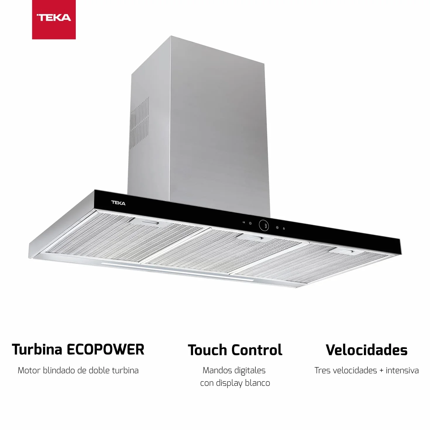TEKA Campana Extractora Horizontal 90 cm A+ Motor EcoPower, 4 Velocidades Aspiración máx. 701 m3/h Ruido máx. 69 dBA LED Touch Control, DLH 986 T