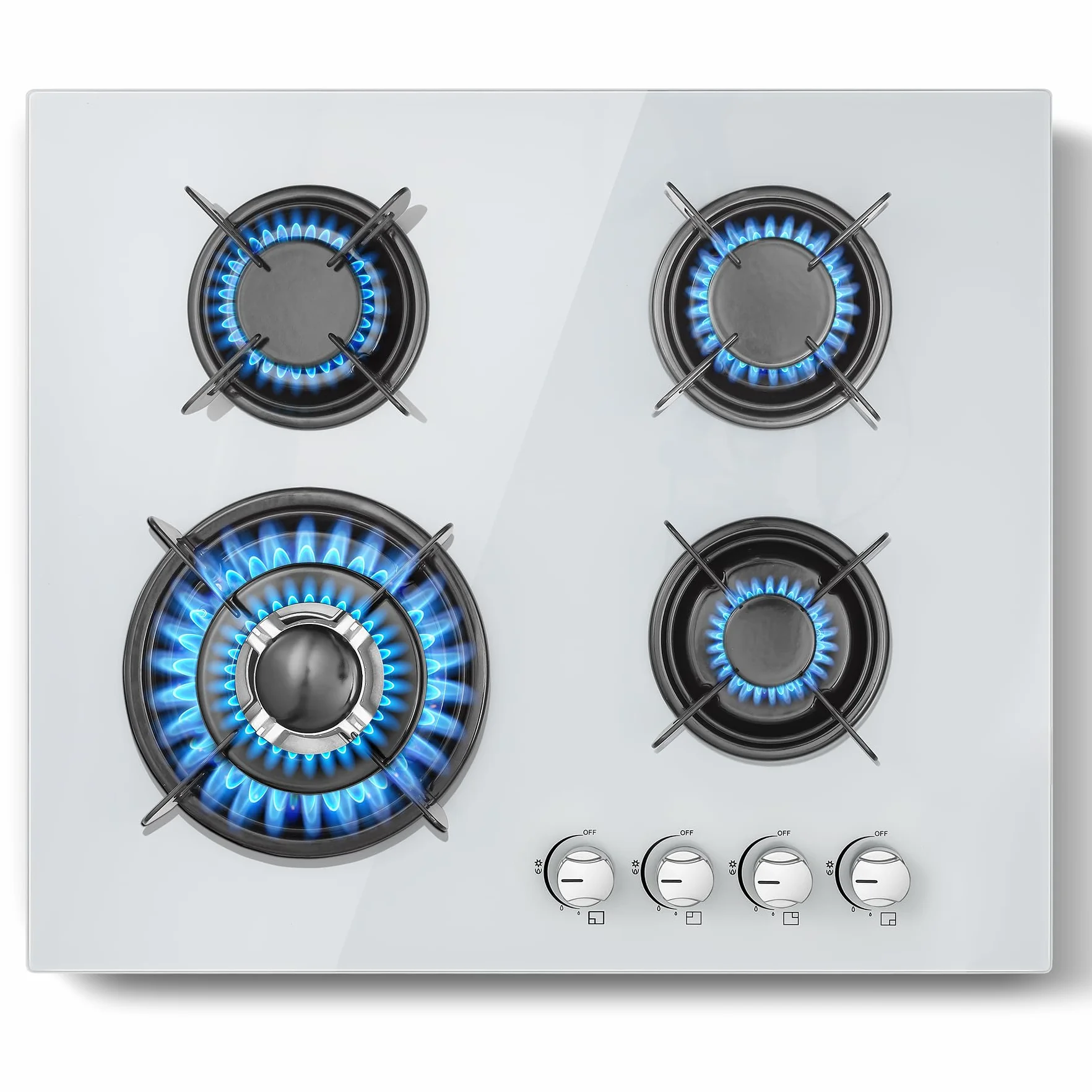 TopStrong - Placa de cocina con 4 fuegos de gas, de cristal, empotrable, color blanco, con protección Flame-Out, gas natural/propano, 8060 W, 220-240 V