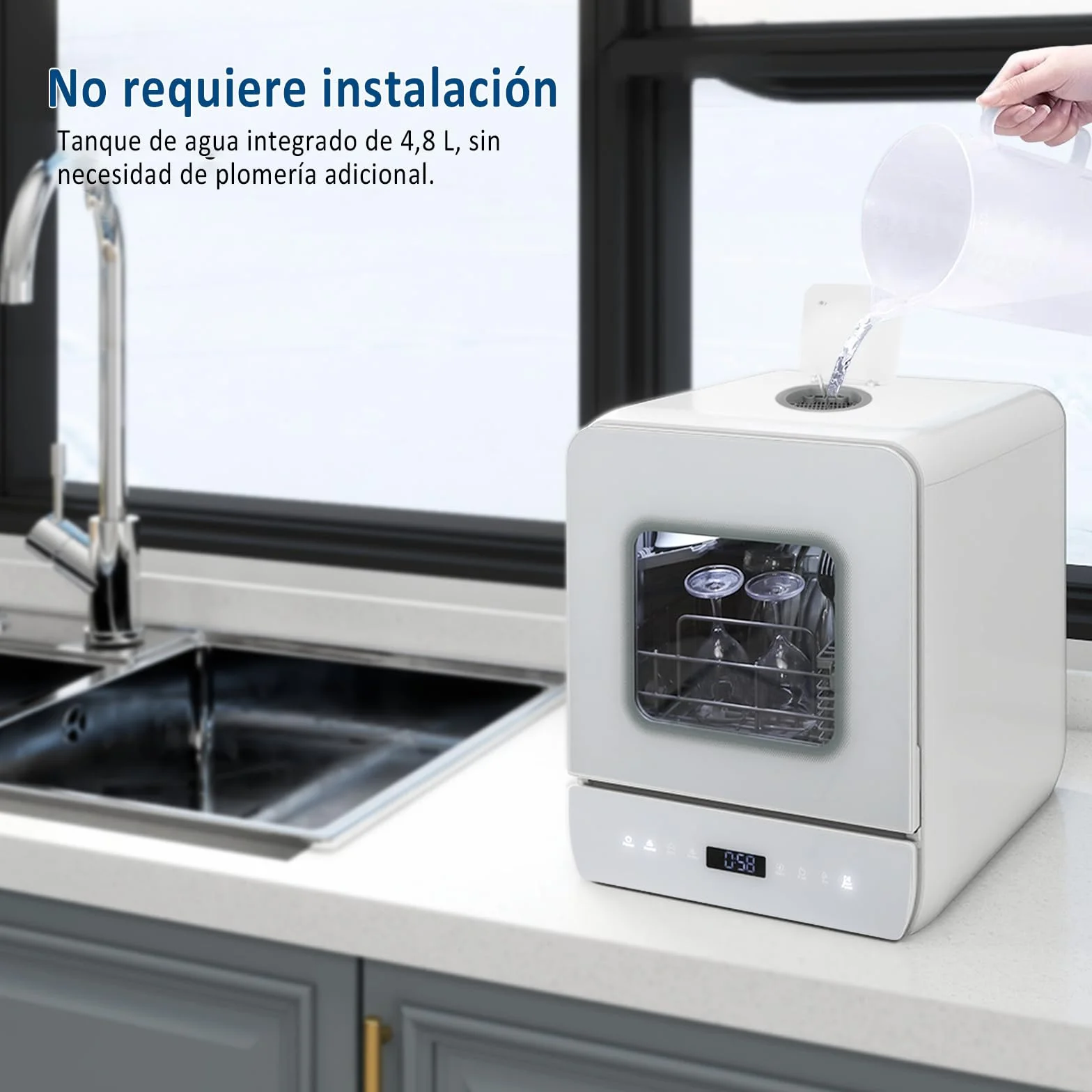 YU YUSING Lavavajillas de Encimera 45 cm 4.8 L con 7 Programas 5 Juegos, Mini Lavavajillas Pequeño con 2 Suministro Agua, Portátil, Control Táctil, Pantalla LED para Casa Oficina Camping, Blanco