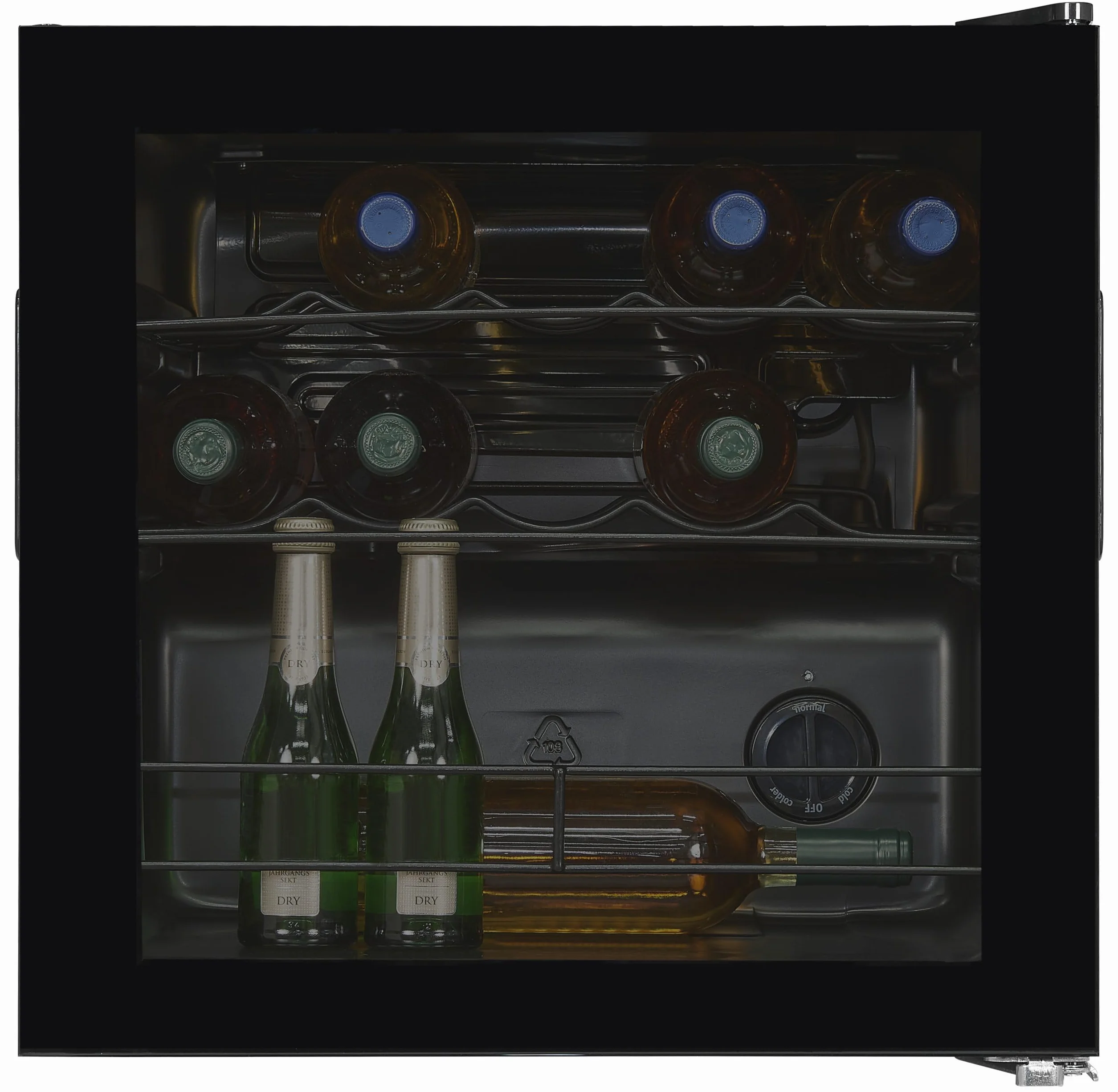 Exquisit® Vinoteca, 12 Botellas, Clase G, Rango de Temperatura de 5ºC a 18ºC, 2 Estantes Metalicos, Tirador Integrado, Altura Regulable, Consumo 130 kWh/año, Medidas 49,2x48x44 Cm.
