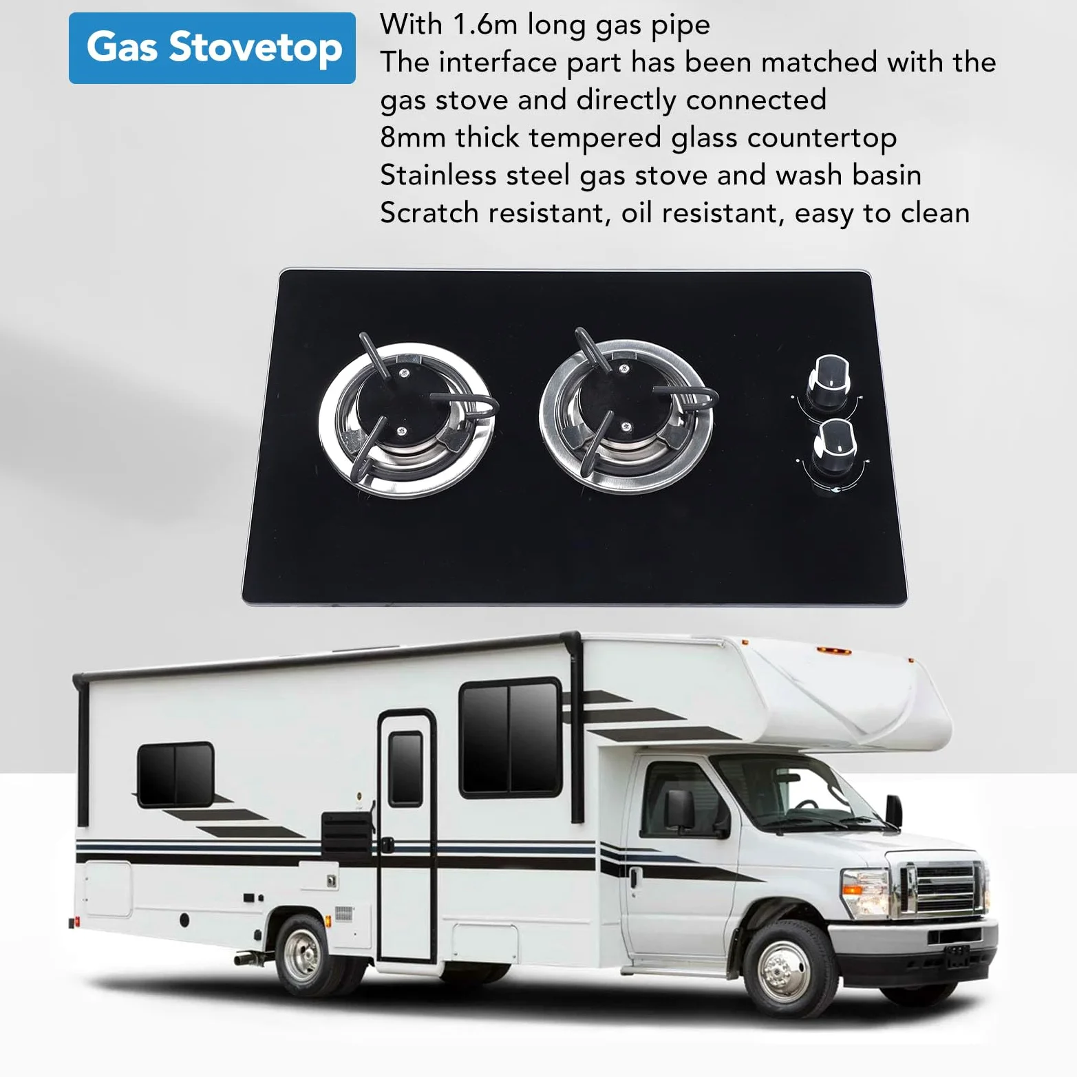 Estufa de Gas, 2 quemadores, GLP, Estufa Superior de Vidrio Templado, Doble Placa de 1,8 kw, diseño Compacto, Panel endurecido, se Adapta a caravanas, autocaravanas, Barcos, vehículos recreativos