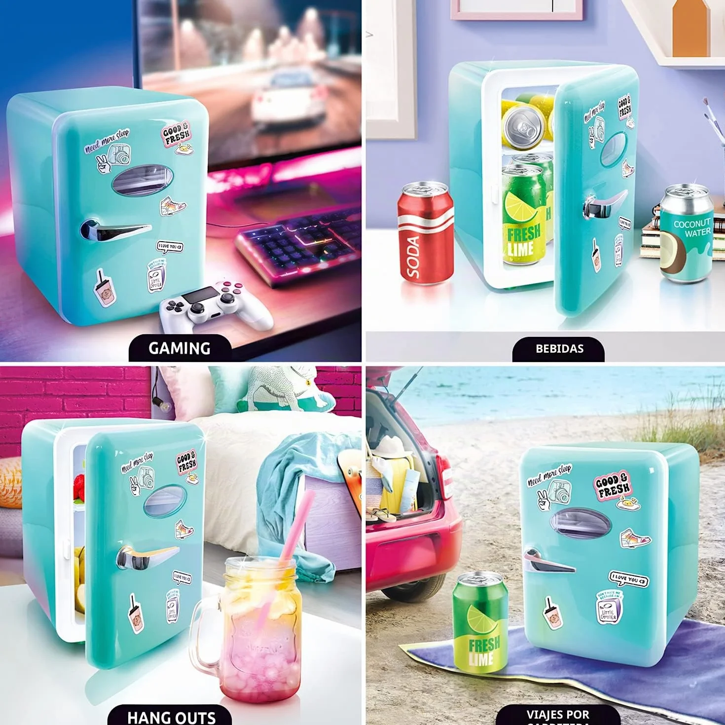 Canal Toys - Mini Fridge - Nevera Portátil - Refrigerador Azul Ideal para Regalo - Neverita con Cable USB y Pegatinas Decorativas - INF037
