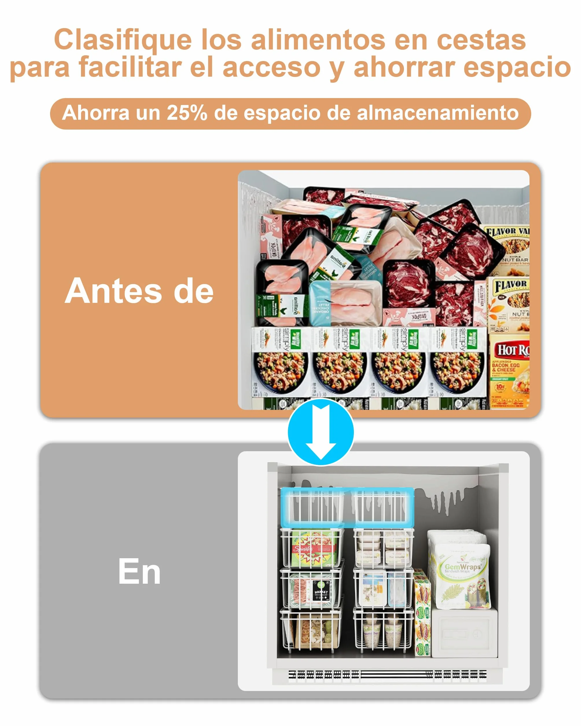 UMDONX Cesta para Congelador de 4 piezas blanco - Cestas apilables para congelador con asa, fácil acceso, para congelador de 198L, organizar ingredientes congelados (37x18x15cm)