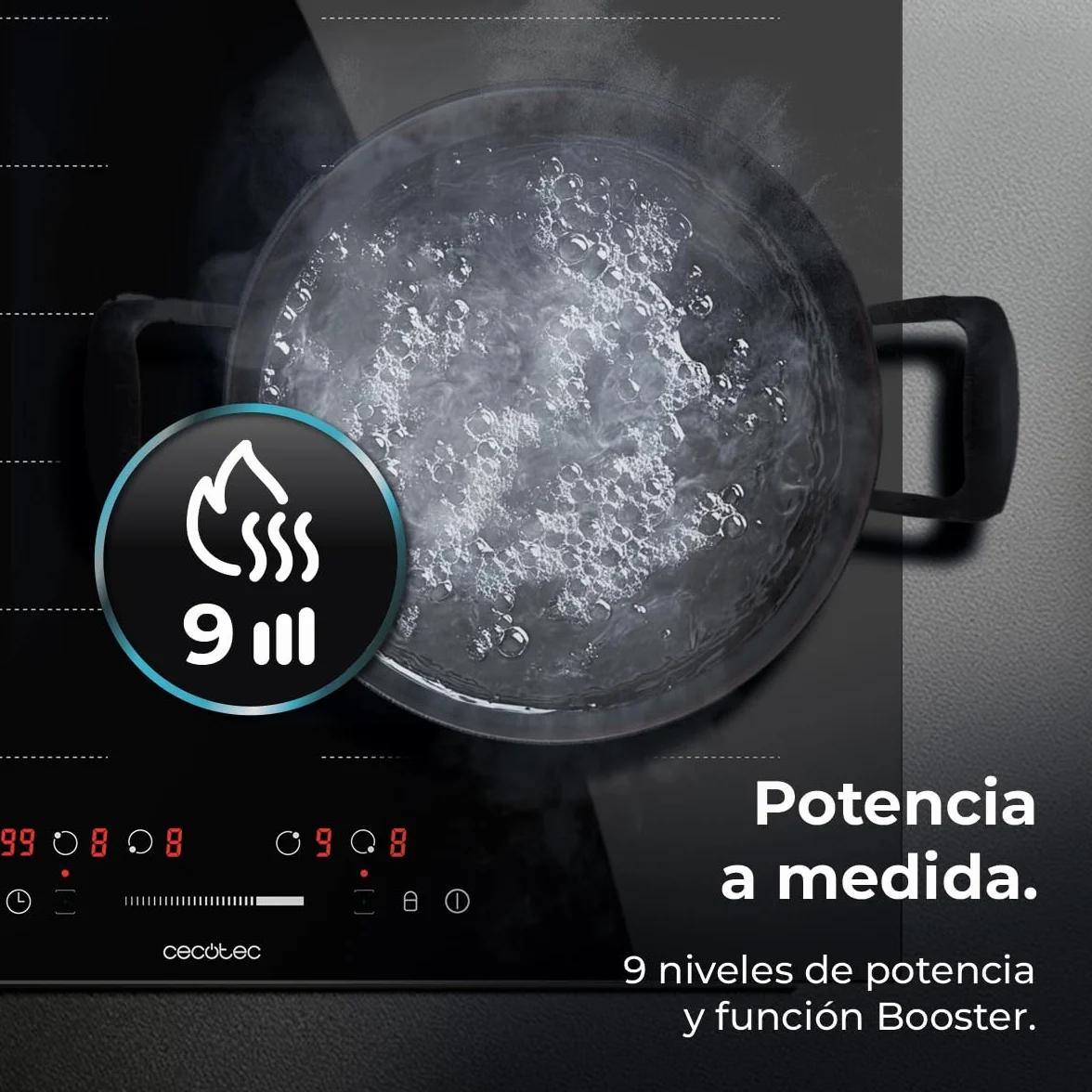 Cecotec Placa de Inducción 2 Zonas Flex Bolero Squad 4001 Flex. 7200W, 9 Niveles, Bajo Consumo, Temporizador, Booster Function, Control Táctil, Bloqueo para Niños, Stop&Go