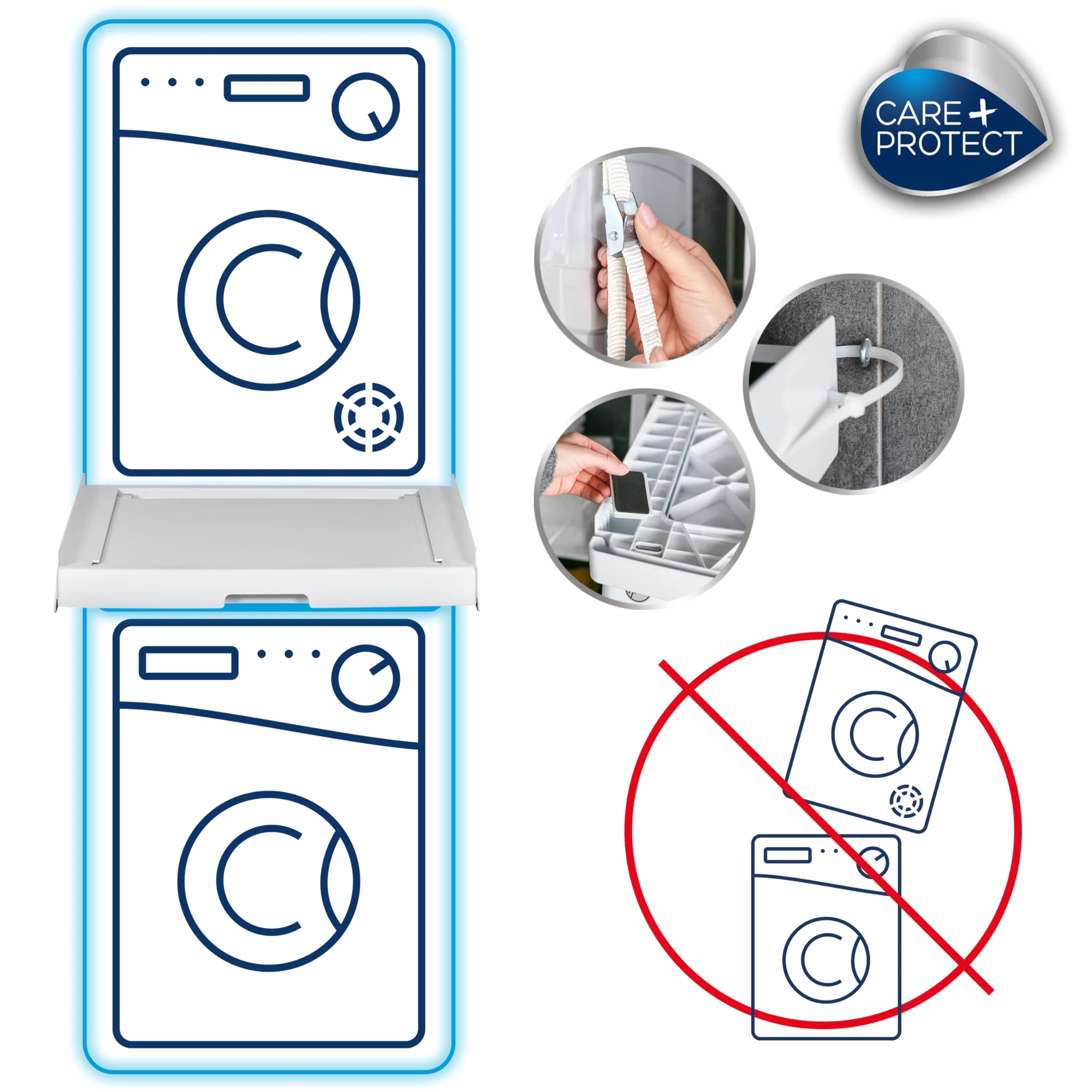 C+P Kit de Unión Universal con Estante Deslizable para Lavadoras y Secadoras, Apto para Lavadoras con Profundidad de 47-62 cm, Fácil de Instalar, Blanco, Lavadoras con Panel Recto