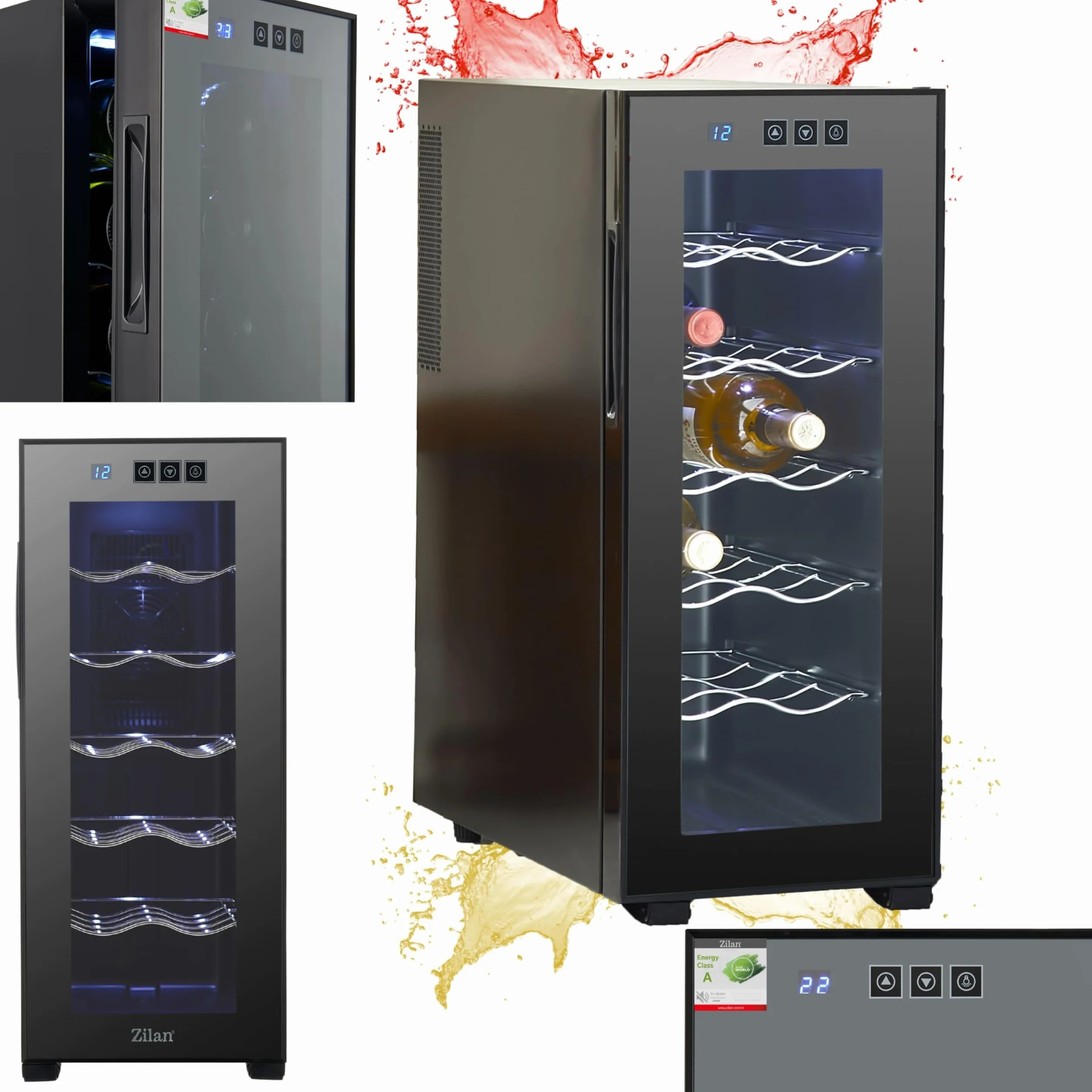 Zilan Refrigerador para vino, independiente, silencioso, 12 botellas, 33 litros, luces LED, enfriador de vino, armario pequeño con clima de vino, mini nevera, minibar con puerta de cristal
