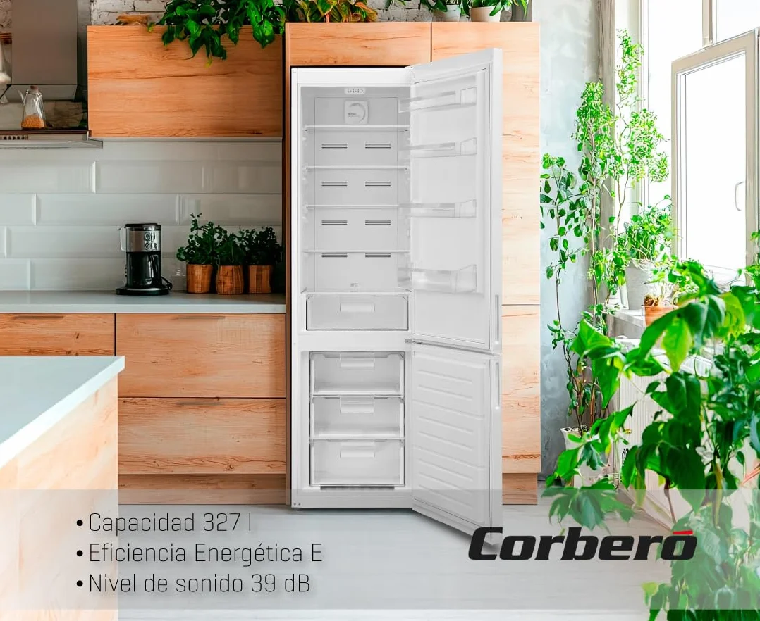 Corberó - Frigorífico Combi | CC200V24NFW | 327L | 60x59,5x201 | No Frost, Luz LED, Crisper, Balcones Ajustables, Estantes de Cristal, Huevera | 39 Db | Blanco