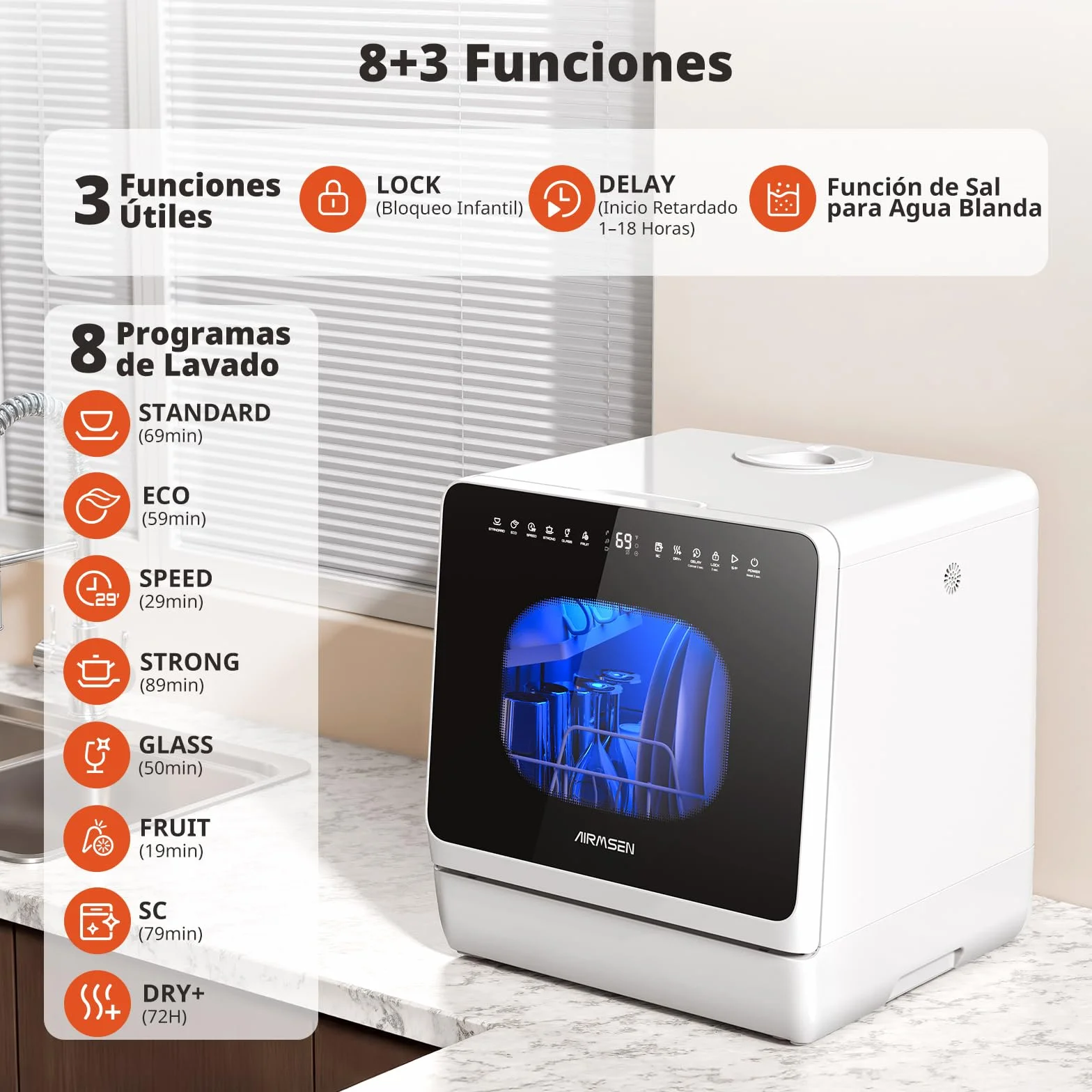 AIRMSEN Mini Lavavajillas Portátil 5L 8+3 Programas Inicio Diferido 1-18h Ablandador Agua Bloqueo Infantil