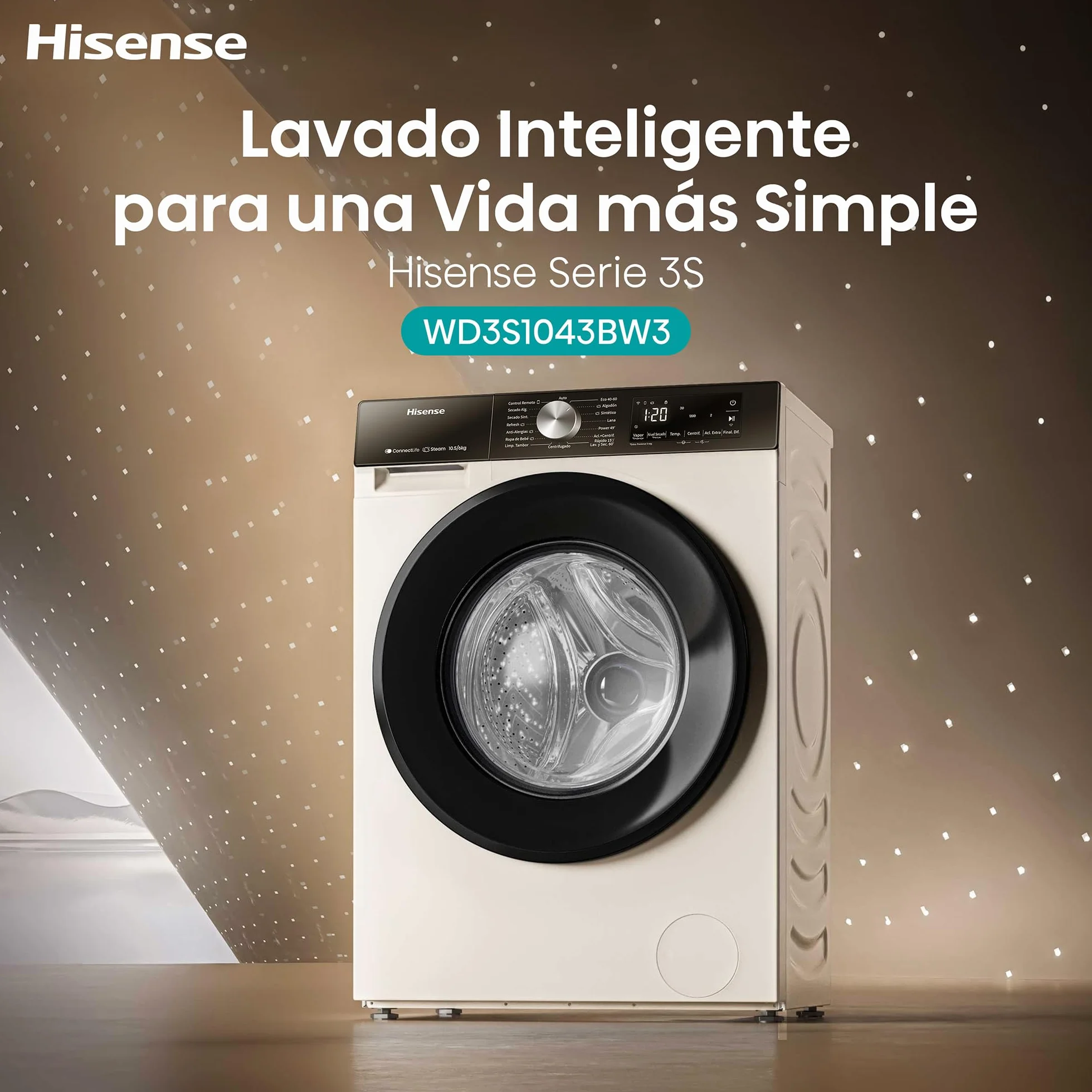 Hisense WD3S1043BW3 - Lavadora Secadora 2 en 1 con Vapor,Clase D/A, Carga Frontal 10.5 kg Lavado, Secadora 6 kg, Conectividad WiFi, Programación Asistida, Monitor de Consumo, Serie 3S, Blanco