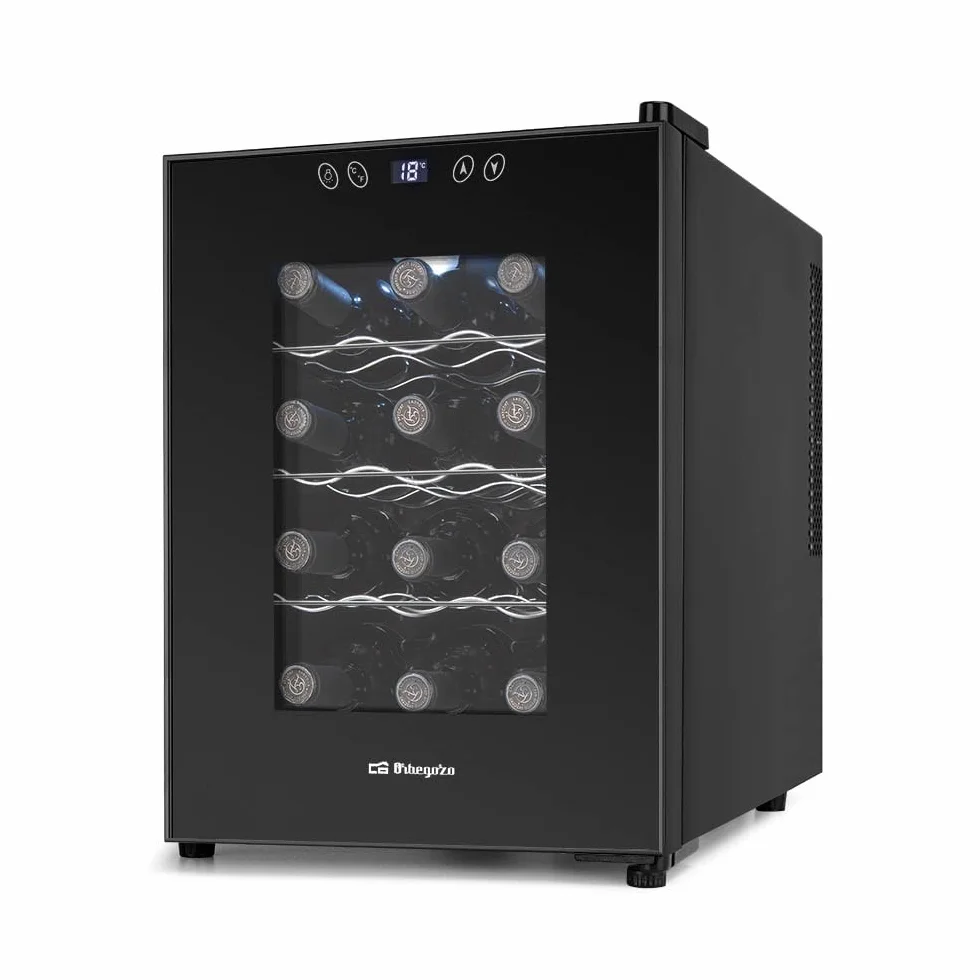 Orbegozo VT 1230 Vinoteca de 12 Botellas Volumen 31 Litros Panel Táctil Pantalla Digital Termostato Regulable 11-18°C Luz LED Interior Silenciosa Estantes Cromados 70W