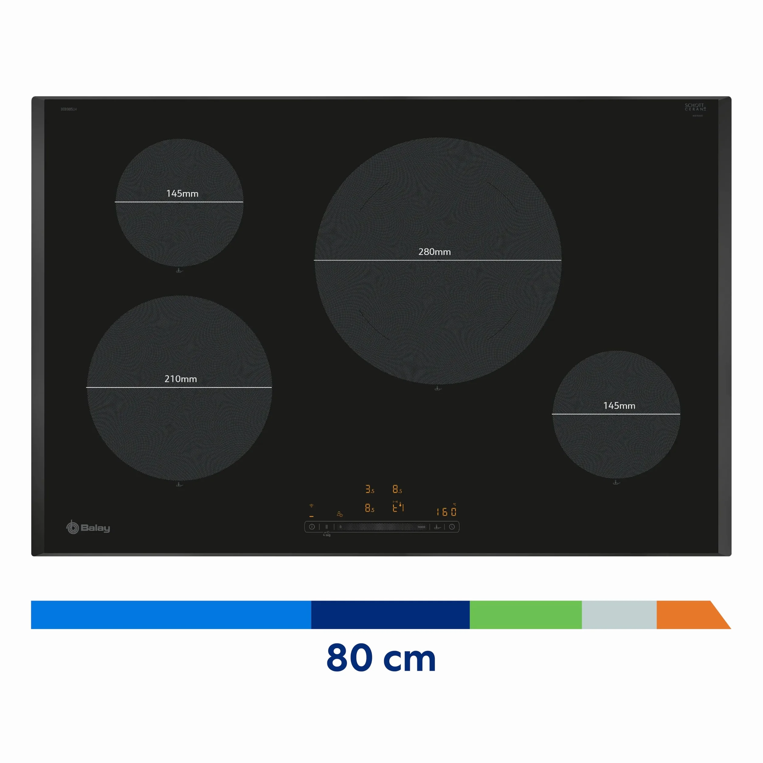 Balay - Placa de Inducción, 80 cm de ancho, 4 zonas l Lanzamiento 2024, 11 Niveles, Zona de 28 cm, Negro, 3EB985LH