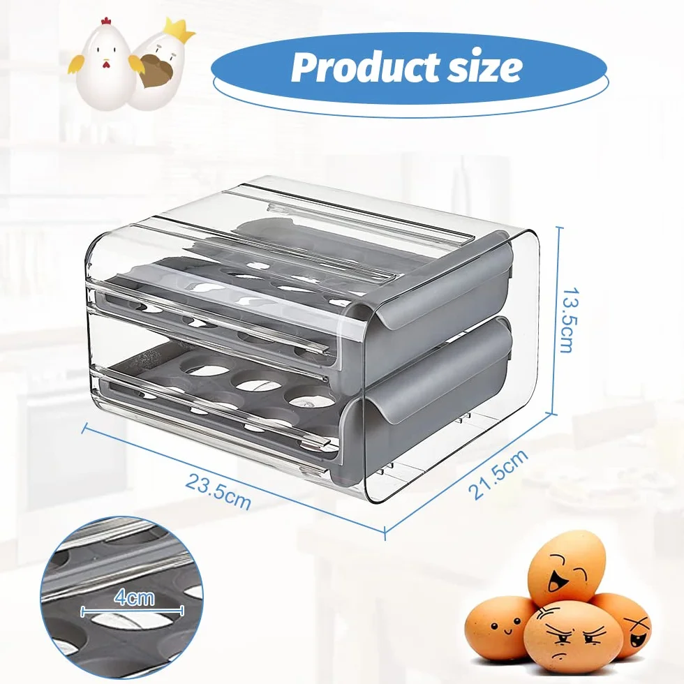 THATSRAD Caja de Huevos para Nevera 32 Rejillas Huevera para Frigorífico Cajón Caja de Almacenamiento para Huevos Bandeja para Huevos Caja Huevos para Refrigerador, Panadería (23,5*21,5*13,5cm, Gris)