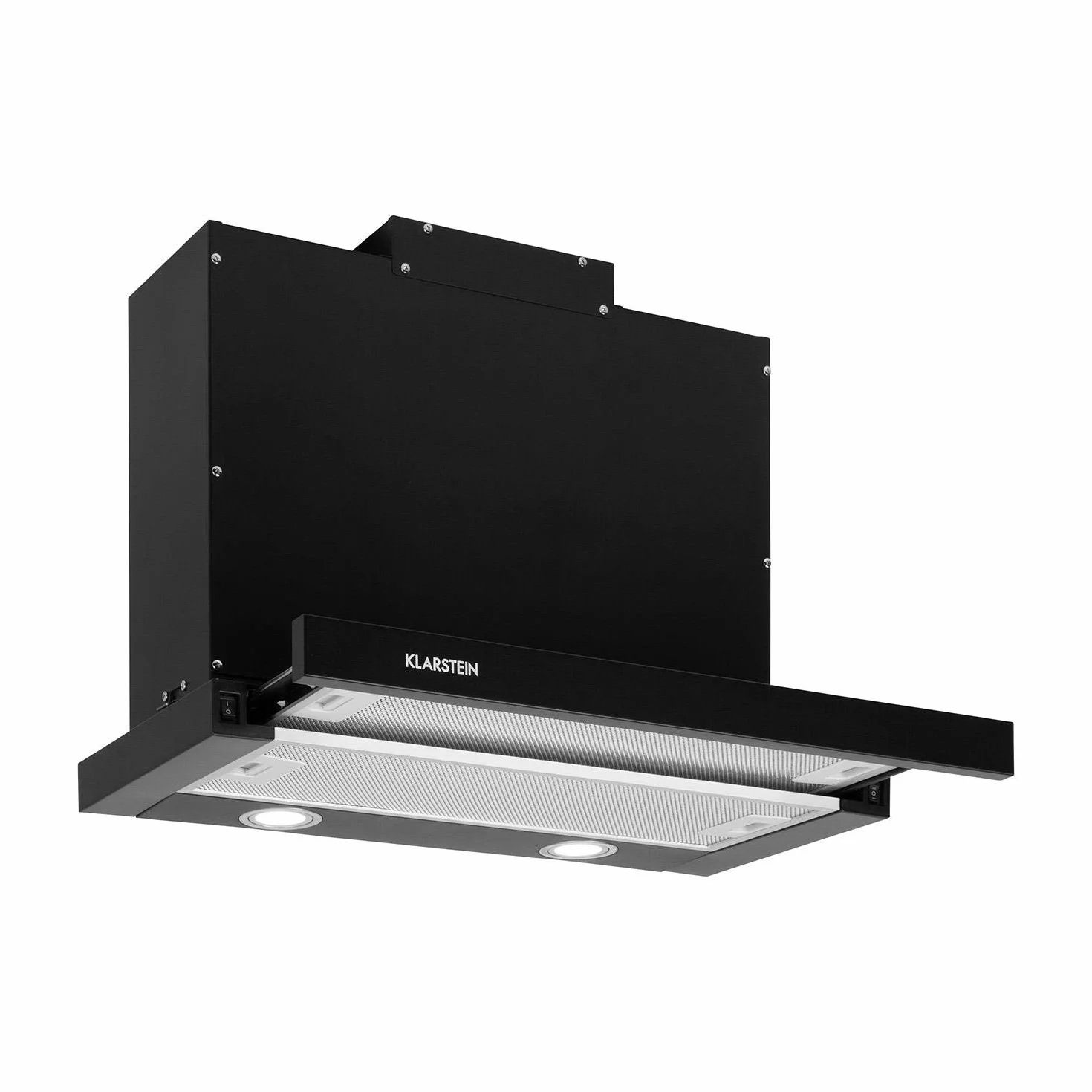 Klarstein Mariana - Extractor de humos plano extraíble, Extracción máx. 500 m³/h, Apto para ventilación y extracción, Potencia 150 W, Iluminación LED, Para montar bajo los muebles, 60 cm, Negro
