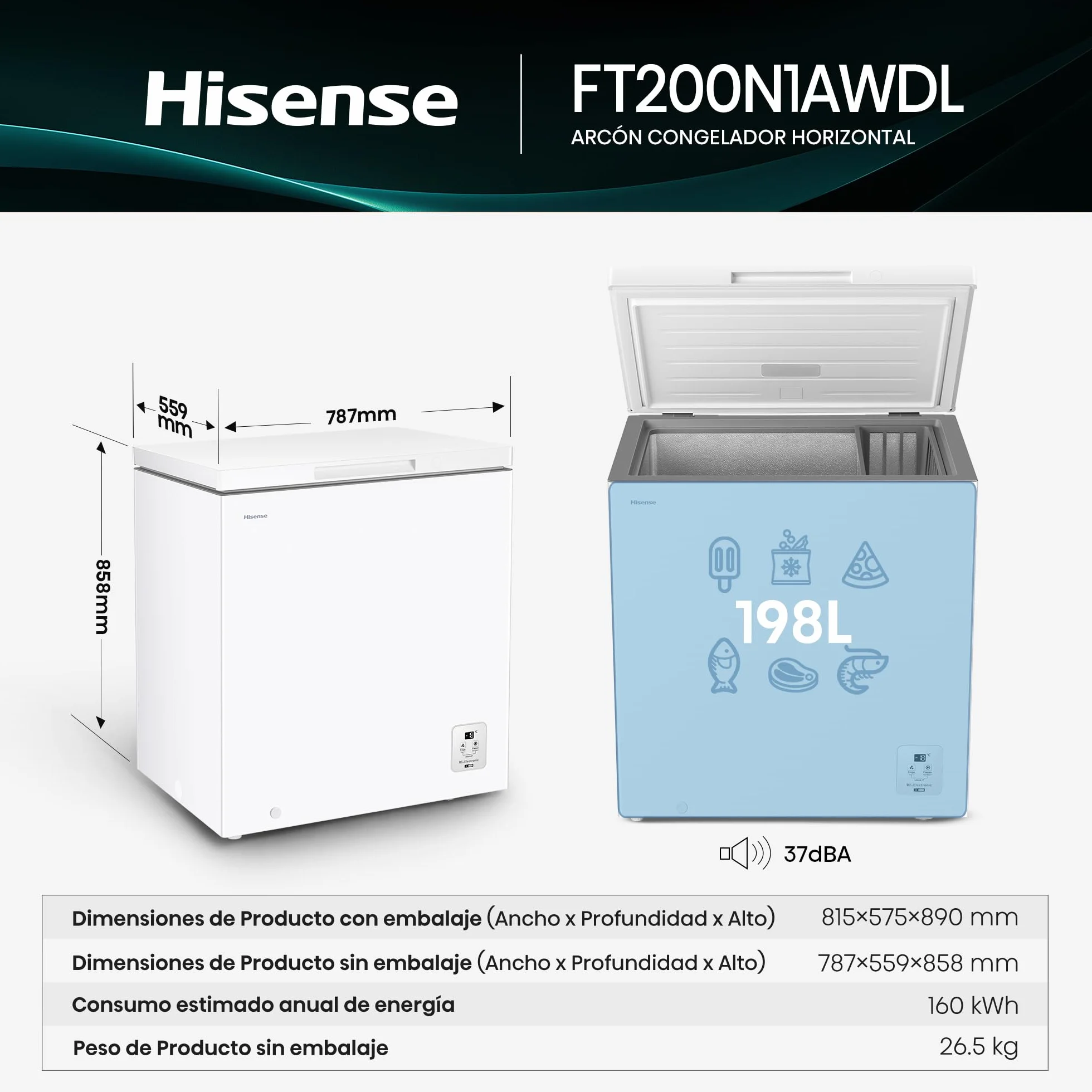 Hisense Arcón Congelador Horizontal 198L 86cm Congelación 360° Congelador Convertible Control Electrónico Temperatura Freezer Protect Blanco