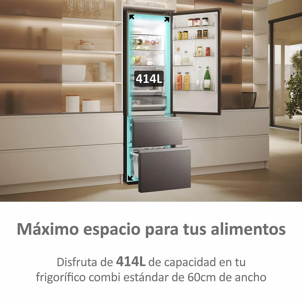 Haier 3D 60 Series 5 HTW5620CNMP - Frigorífico Combi, Cajones Direct Access, WIFI, Botellero, Motor Inverter, My Zone Pro, Humidity Zone, Total No Frost, AnxAl 59,5x205cm, 414L, Luz LED, Inox oscuro