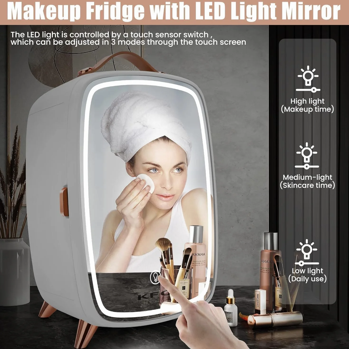 KFO Nevera Para Cosmeticos Con Espejo LED 6L | Nevera De Maquillaje Portátil, 3 Modos De Luz (Viva/Tamizada/Estrellada) | 6°C + 20 DB Ultra Silenciosa | Mini Nevera Para Cremas Y Perfumes