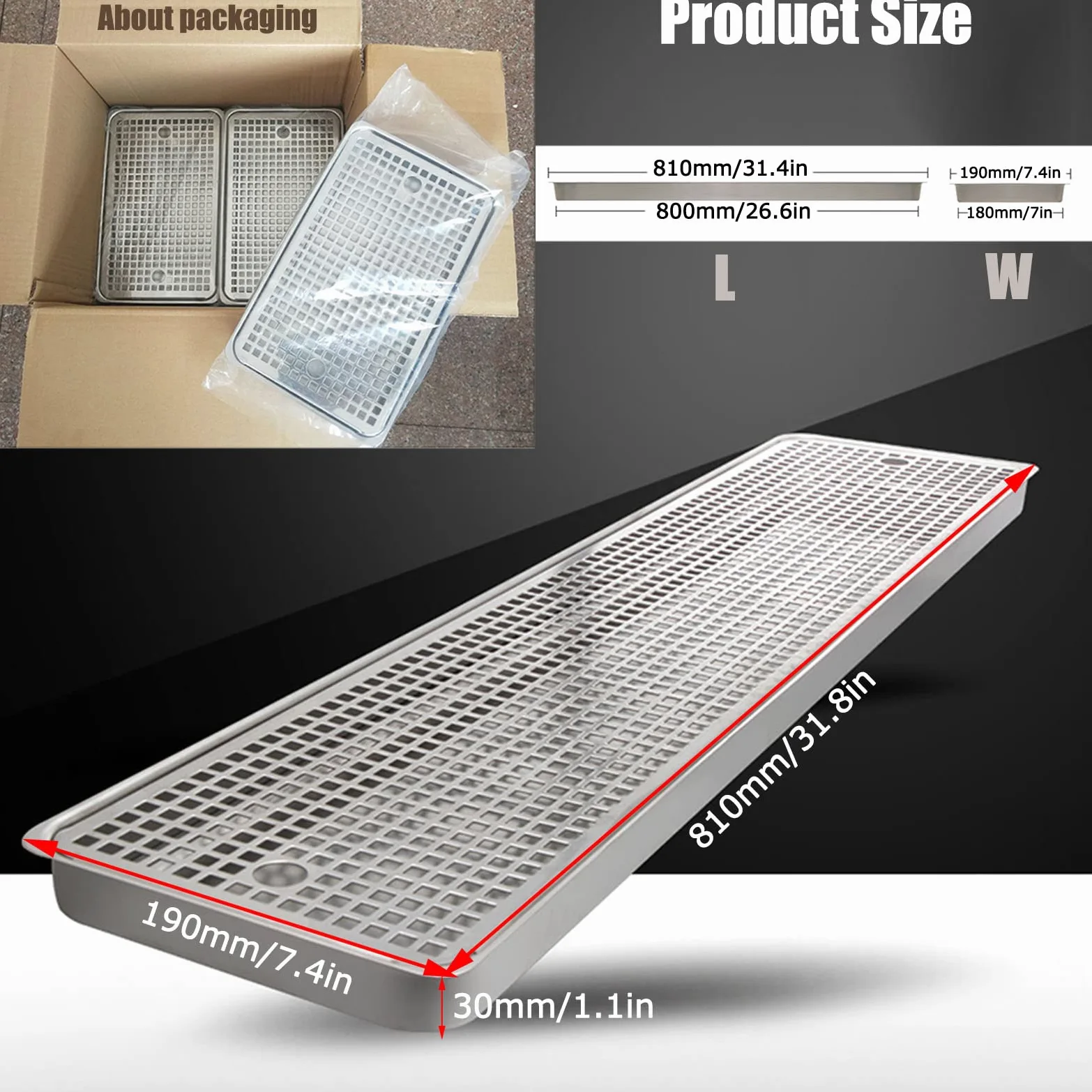 Bandeja de goteo para Kegerator, bandeja de goteo de cerveza de acero inoxidable, diseño rectangular, sin drenaje, ideal para bar en casa o mini nevera, 40 cm de longitud