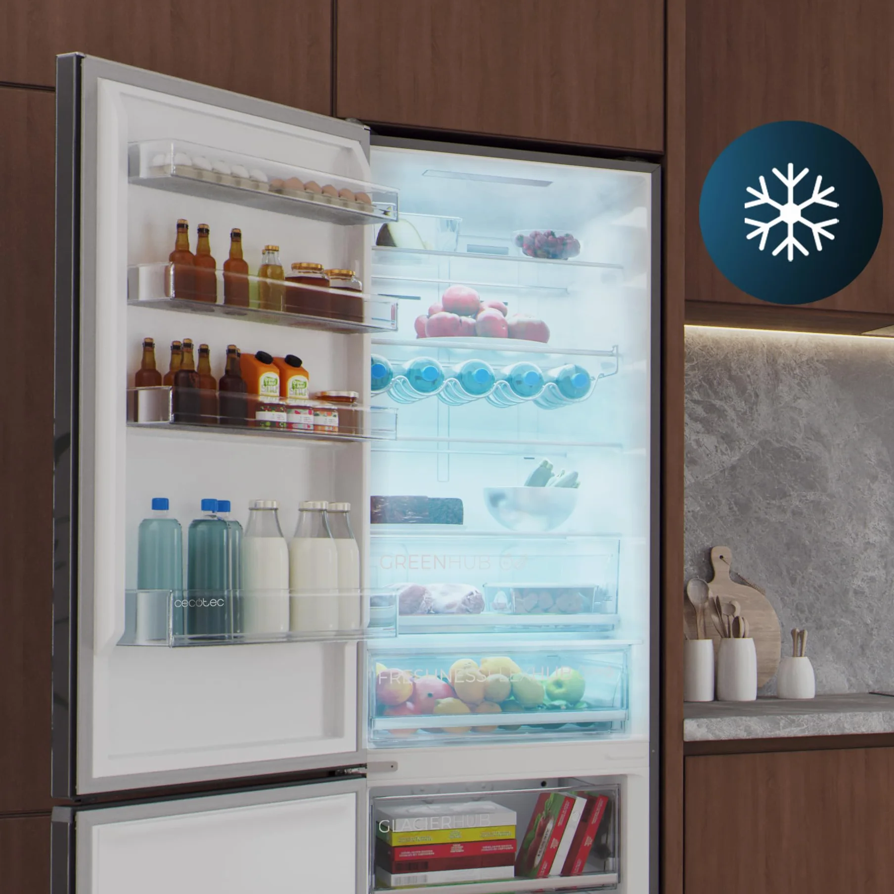 Cecotec Frigorífico Combi Total No Frost Bolero CoolMarket Combi 456 Black Glass E, 456 L, Alto 201 cm y 59,5 cm Ancho, MAX INSIDE con VIP tech, Compresor Inverter Plus, Botellero y Bandejas Cristal