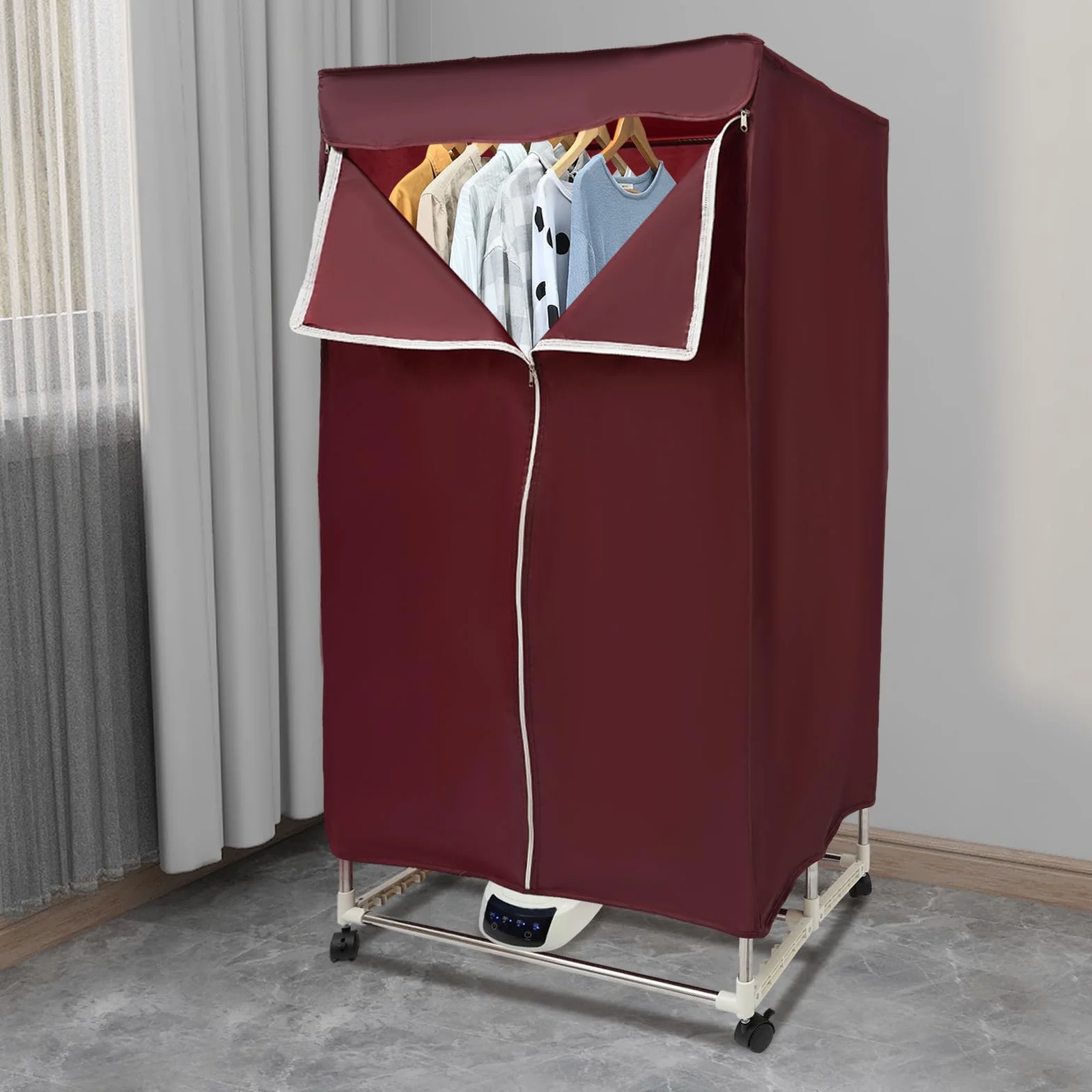 Secadora de Ropa Eléctrica 1500 W Con Temporizador y Cubierta Exterior, Plegable, Armario Portátil, Aire Caliente, Para Hoteles, Apartamentos, Dormitorios (Burdeos)