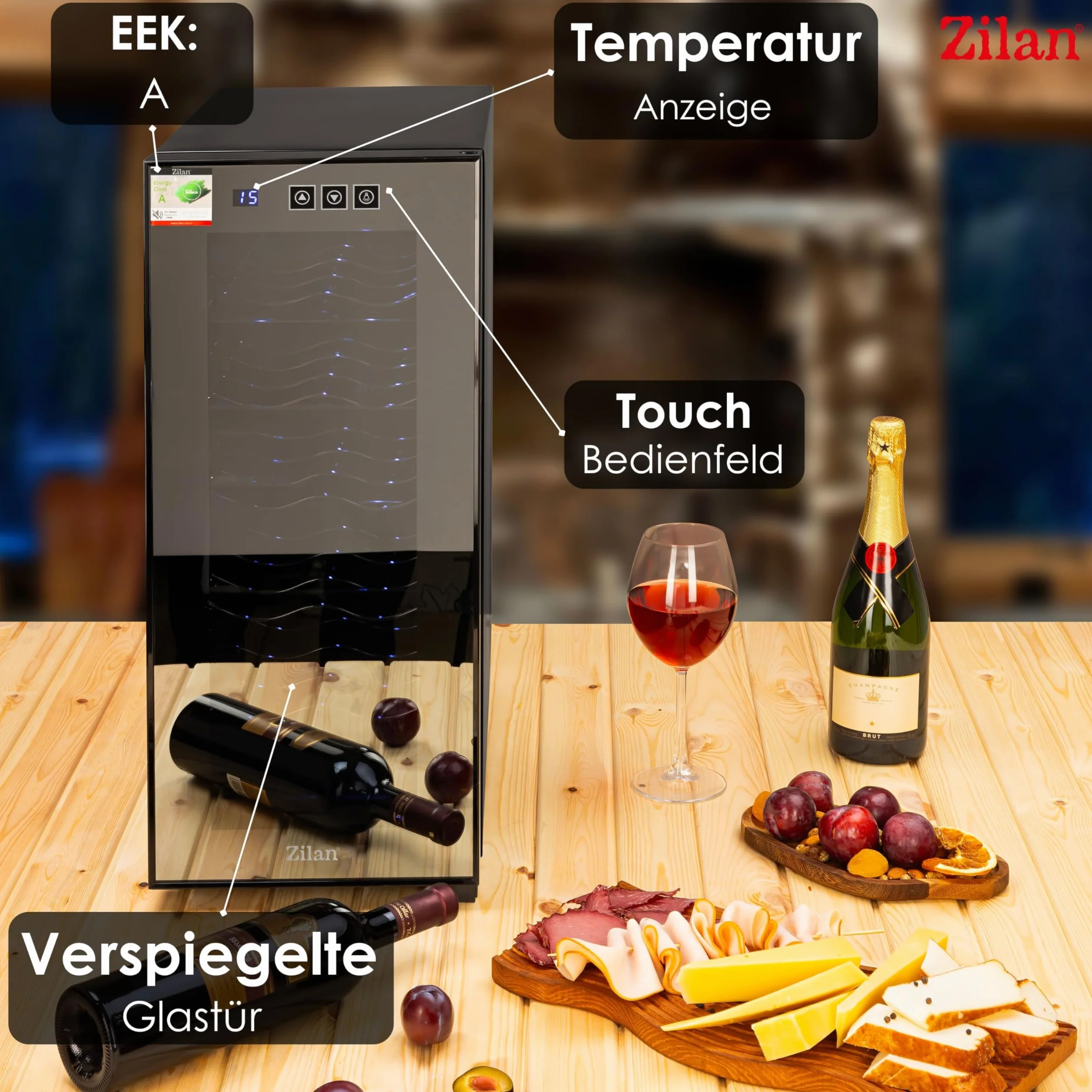 Zilan Refrigerador para vino, independiente, silencioso, 12 botellas, 33 litros, luces LED, enfriador de vino, armario pequeño con clima de vino, mini nevera, minibar con puerta de cristal