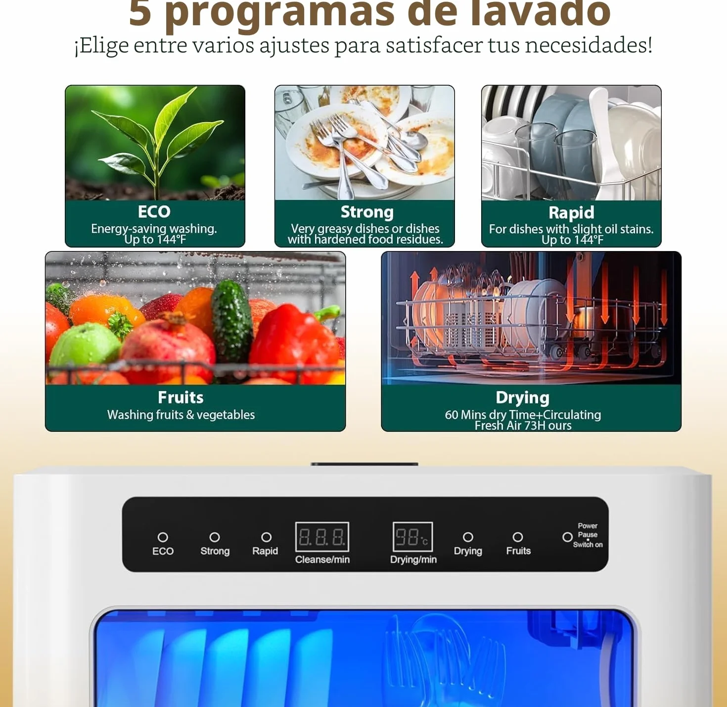 Encimera lavavajillas portátil de 800W, lavavajillas de mesa con 6 programas y tanque de agua de 6L, mini lavavajillas con cubierta semitransparente e indicador LED, perfecto y sencillo para