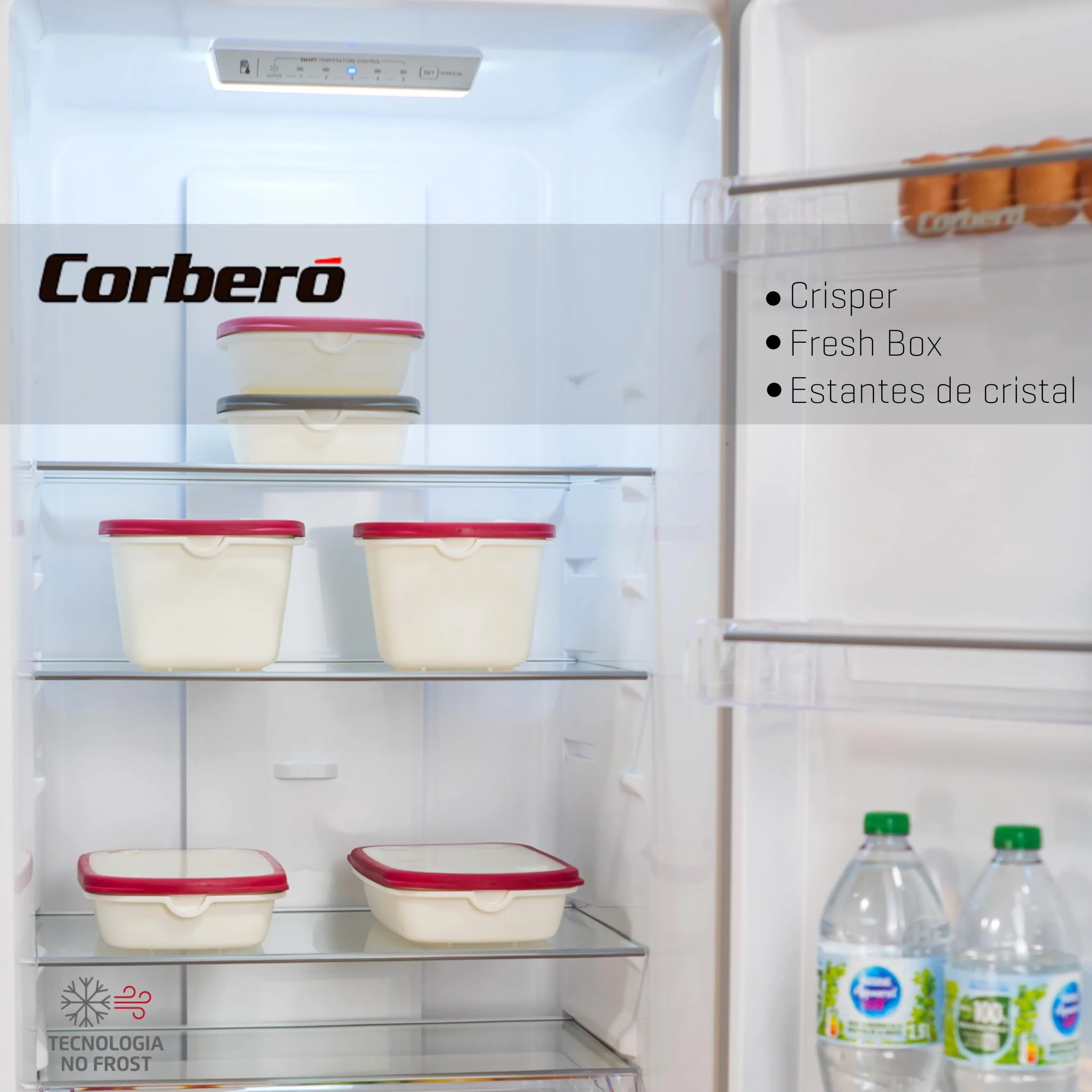 Corbero Frigorífico Combi No Frost 326L 201cm Luz LED Fresh Box Cajón Crisper Estantes Cristal Ajustables Inox